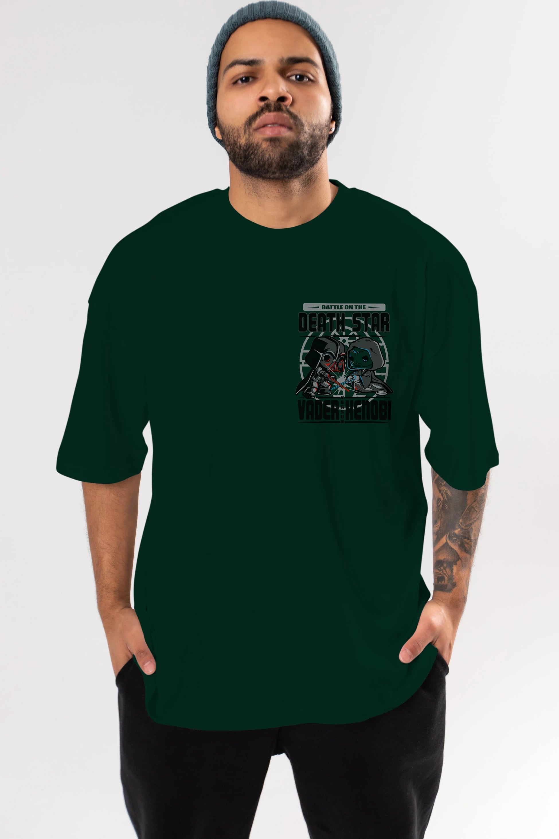 Vader Kenobi Ön Sol Baskılı Oversize t-shirt Erkek Kadın Unisex %100 Pamuk Bisiklet Yaka tişort