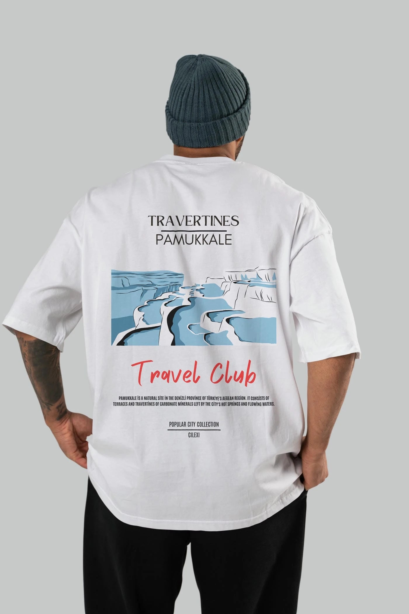 Travertines Pamukkale Arka Baskılı Oversize t-shirt Erkek Kadın Pamuk Bisiklet Yaka tişort
