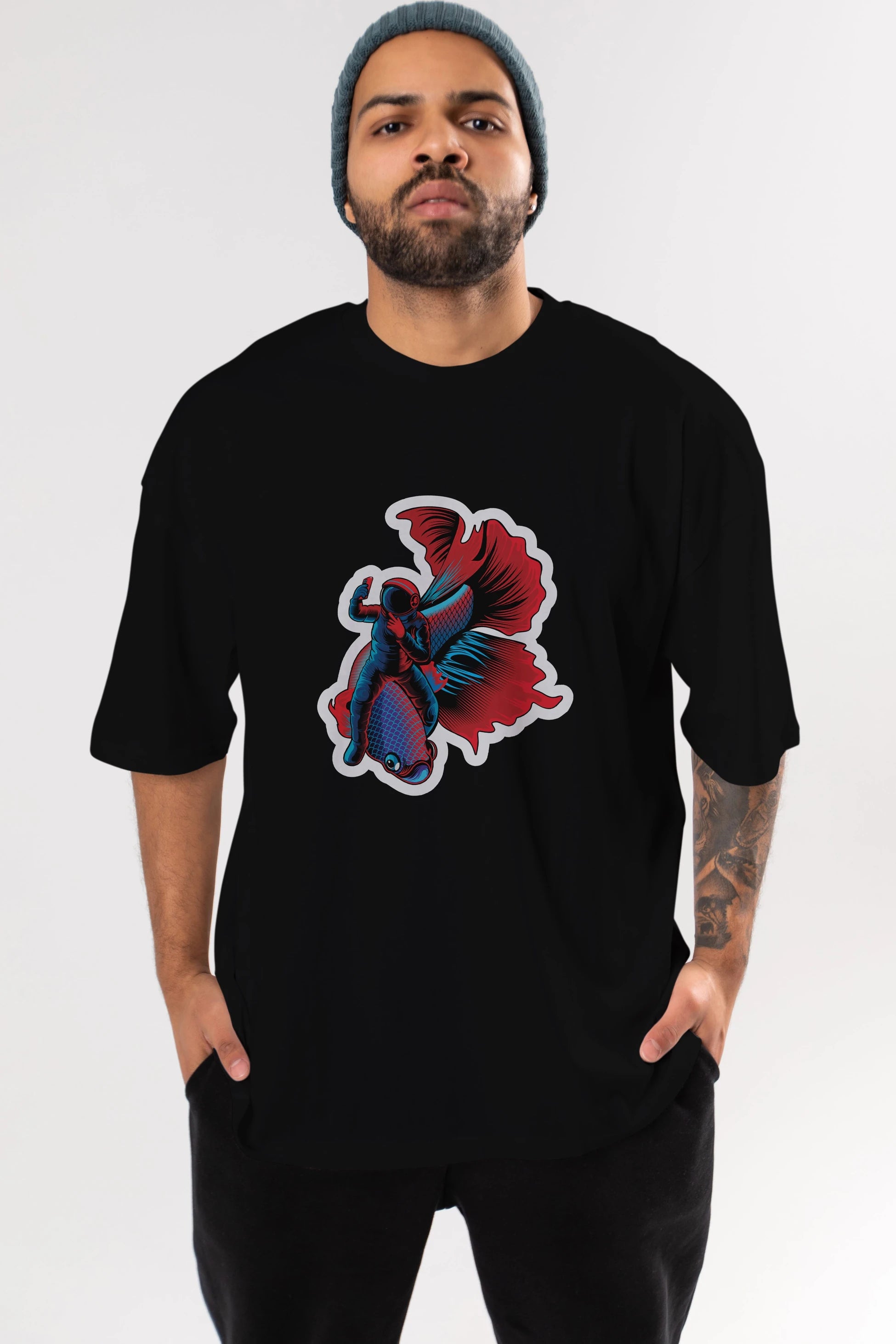 Astrofish selfie sticker Ön Baskılı Oversize t-shirt Erkek Kadın Unisex