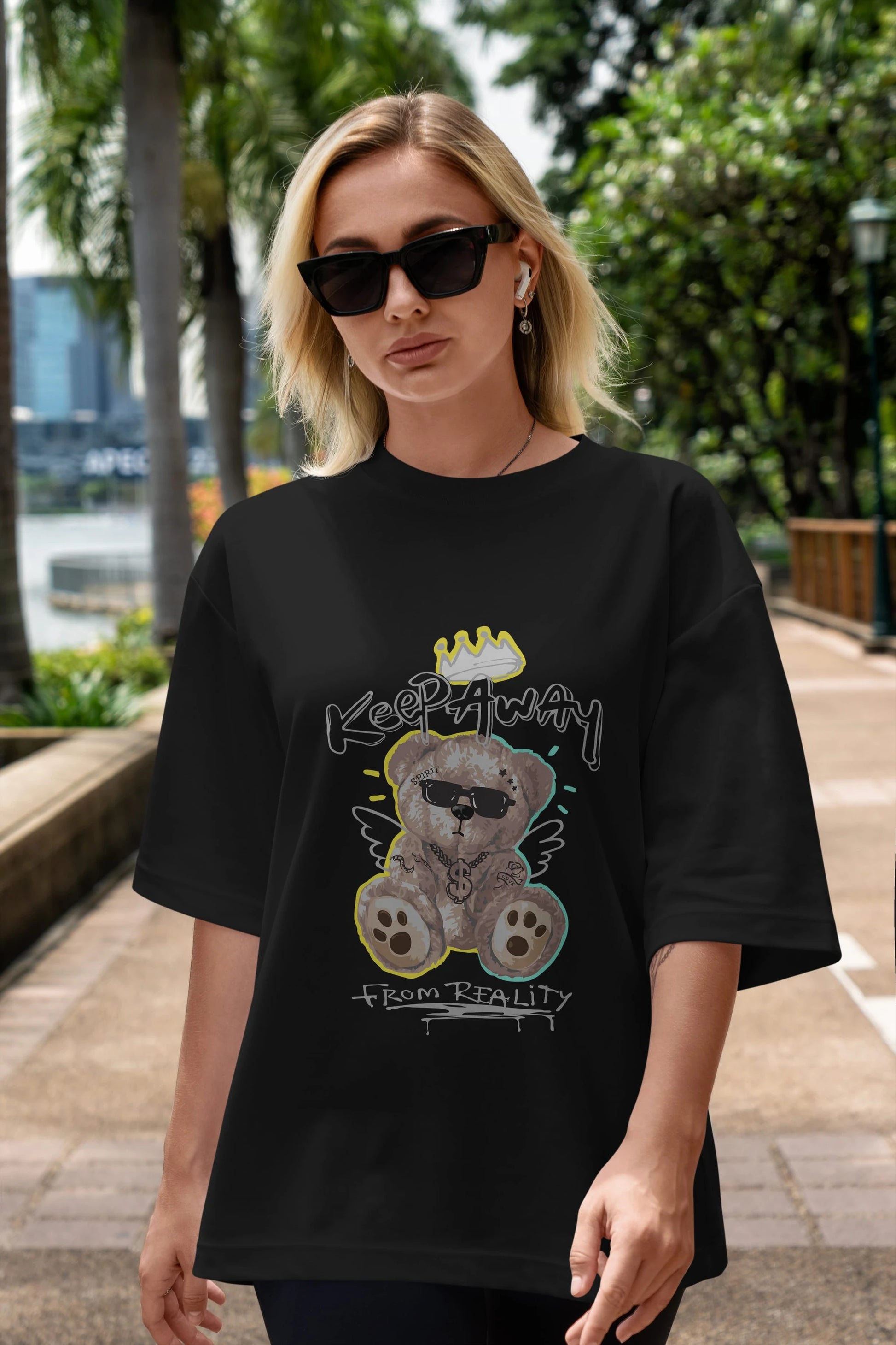 Keep Away Bear Ön Baskılı Oversize t-shirt Erkek Kadın Unisex