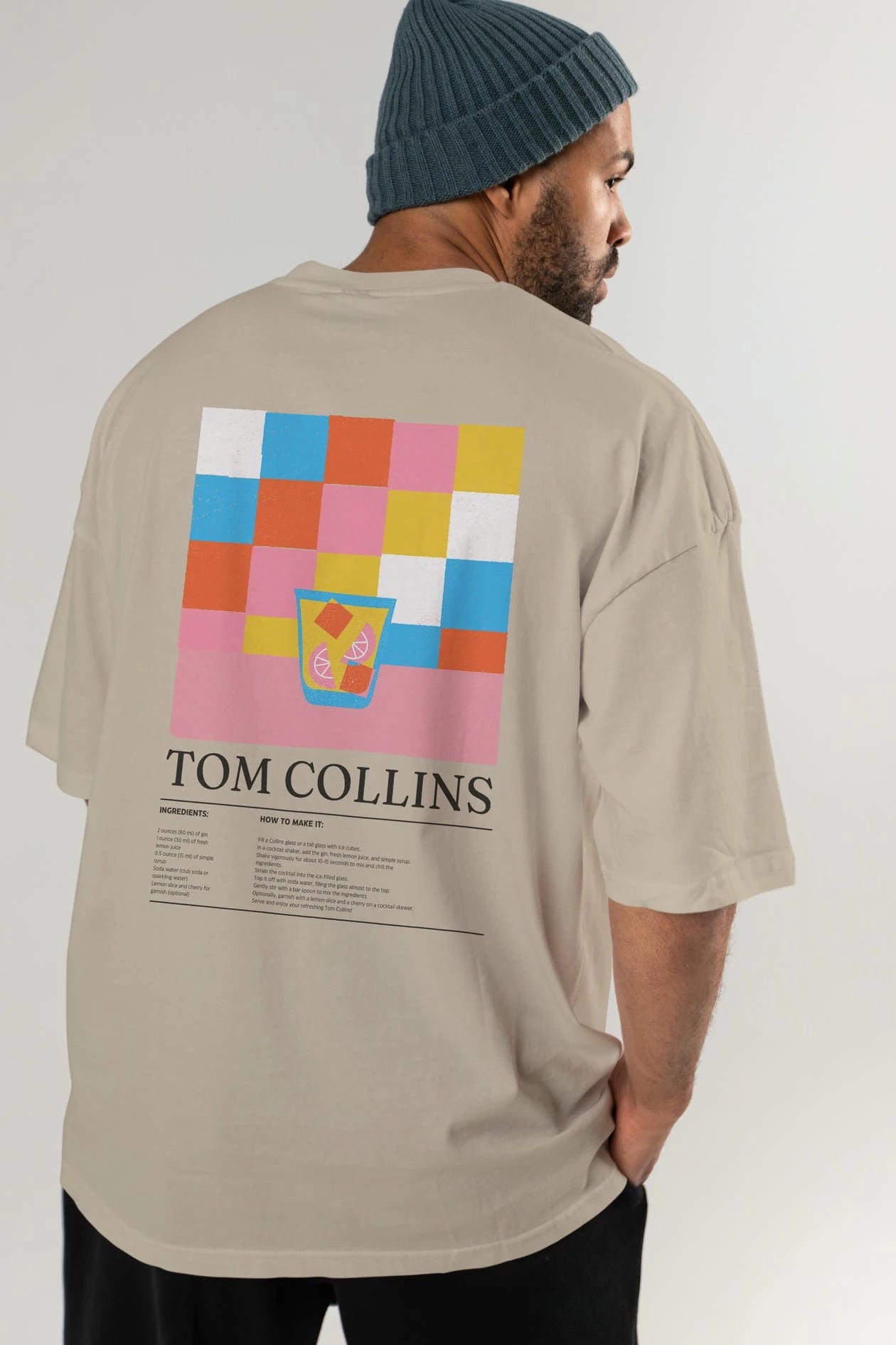 Tom Collins Kokteyl Serisi Arka Baskılı Oversize t-shirt Erkek Kadın %100 Pamuk Bisiklet Yaka tişort