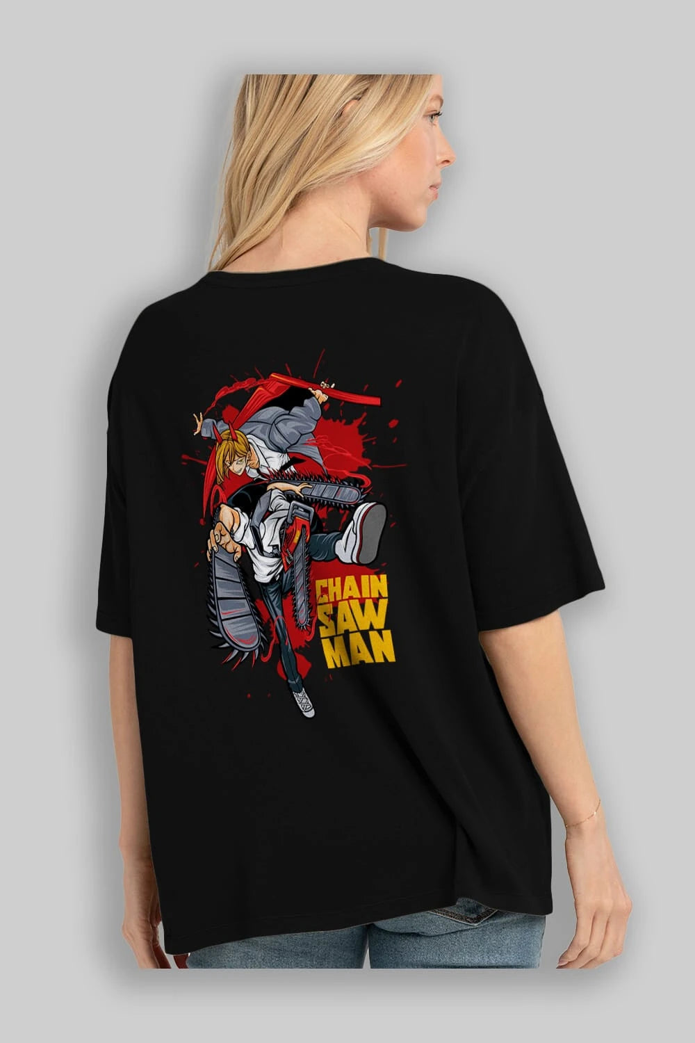 DENJI and POWER Anime Arka Baskılı Oversize t-shirt Erkek Kadın Unisex