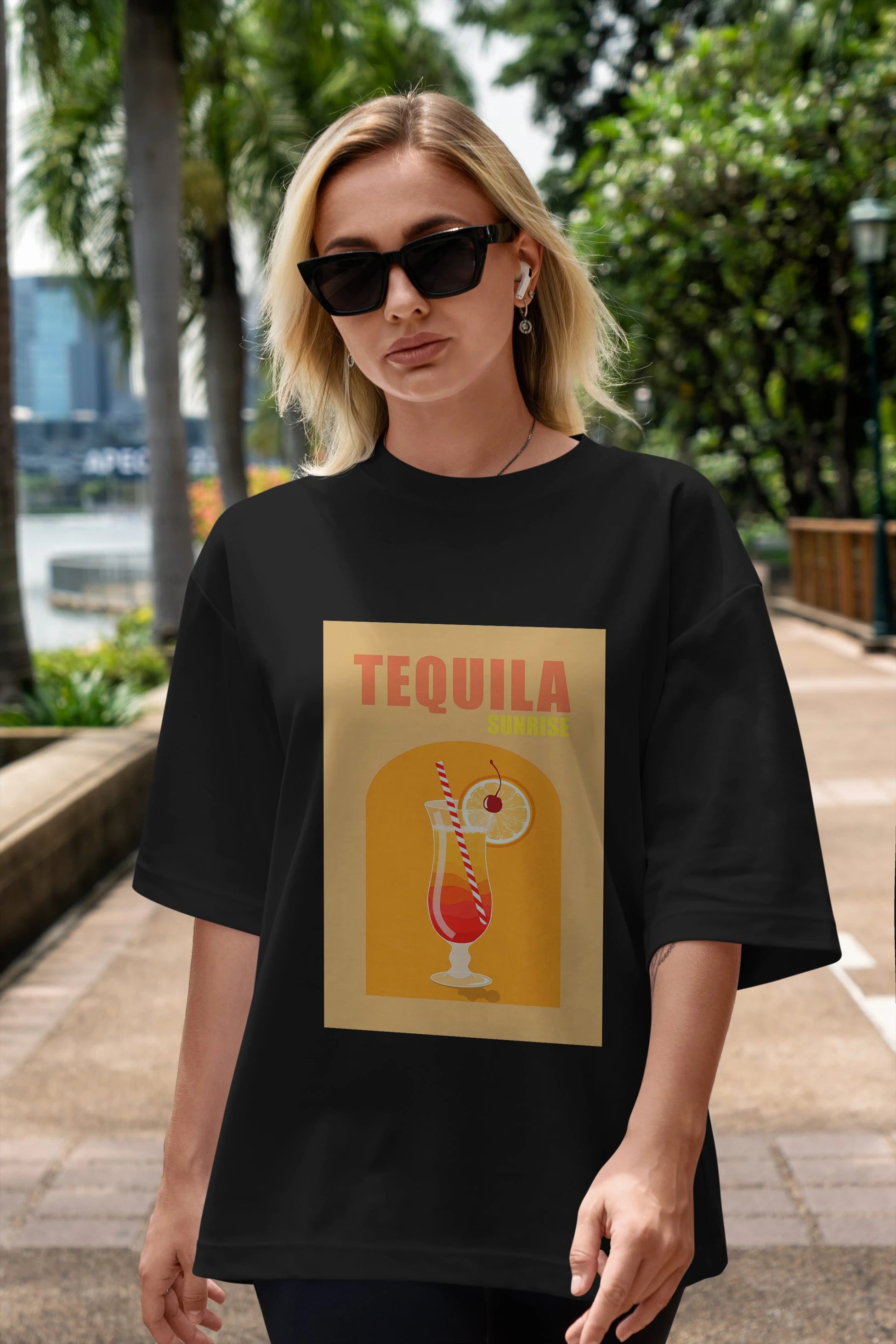 Tequila Sunrise Ön Baskılı Oversize t-shirt Erkek Kadın Unisex %100 Pamuk Bisiklet Yaka tişort