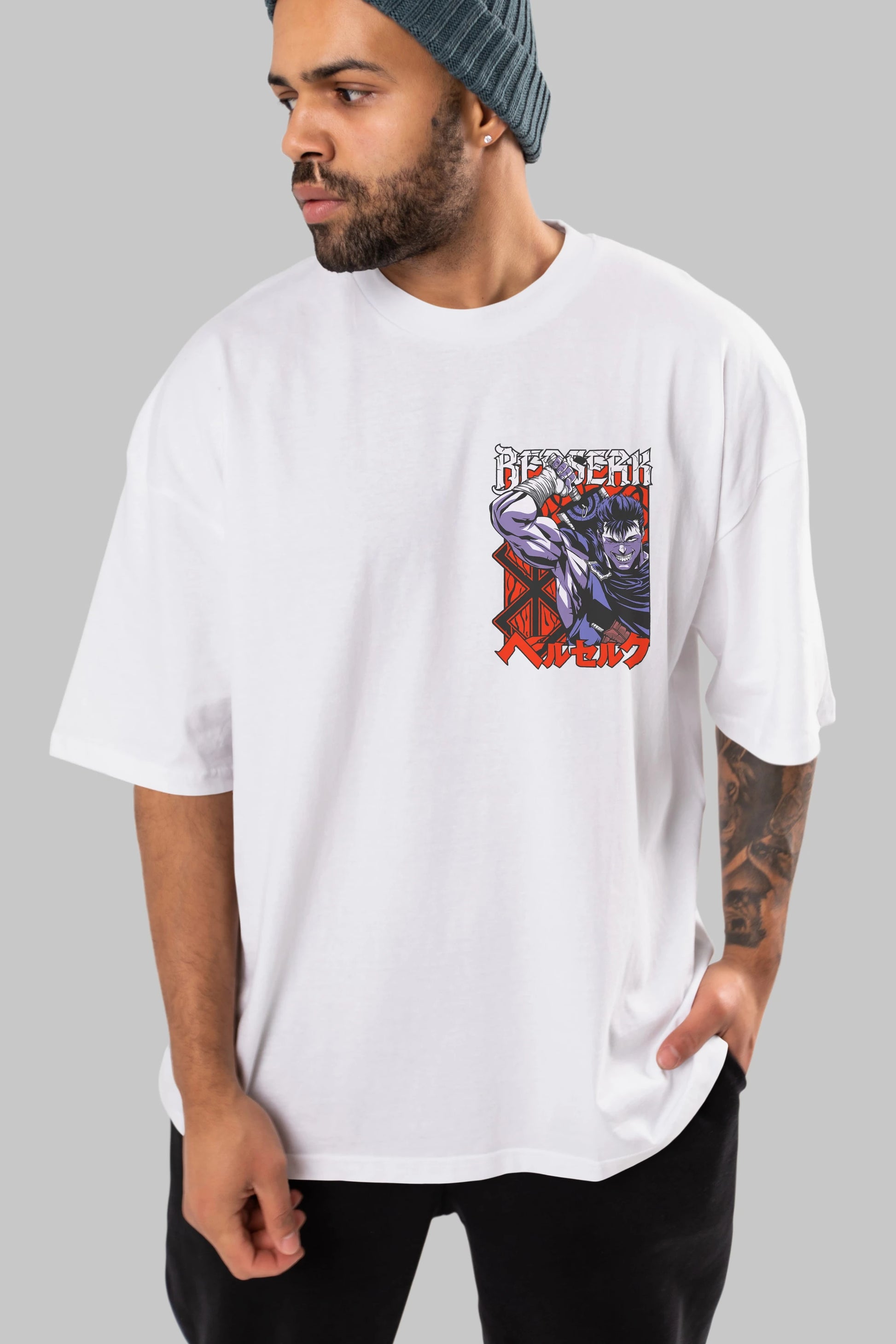 GUTS berserk Ön Sol Baskılı Oversize t-shirt Erkek Kadın Unisex %100 Pamuk Bisiklet Yaka tişort