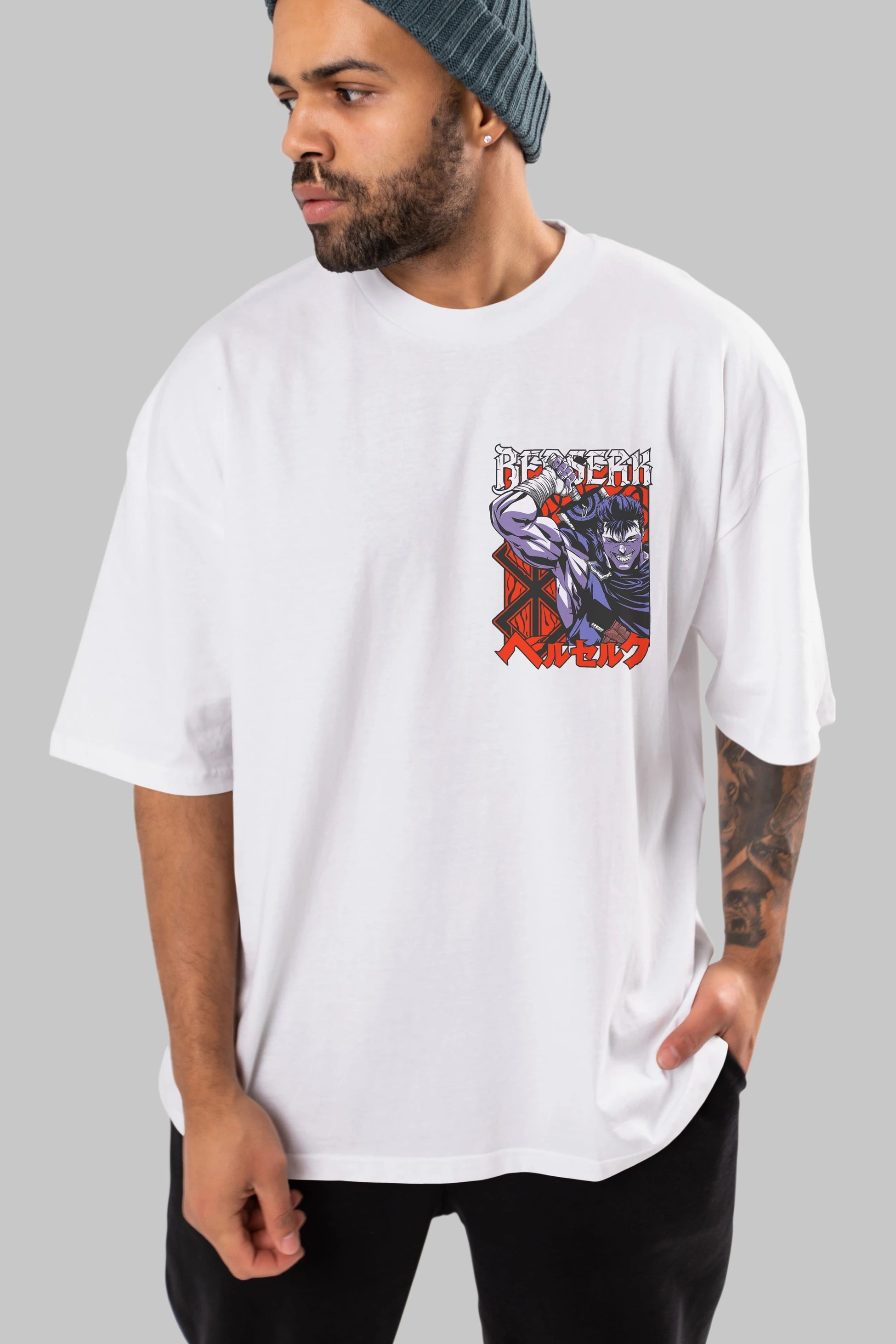 GUTS berserk Ön Sol Baskılı Oversize t-shirt Erkek Kadın Unisex %100 Pamuk Bisiklet Yaka tişort
