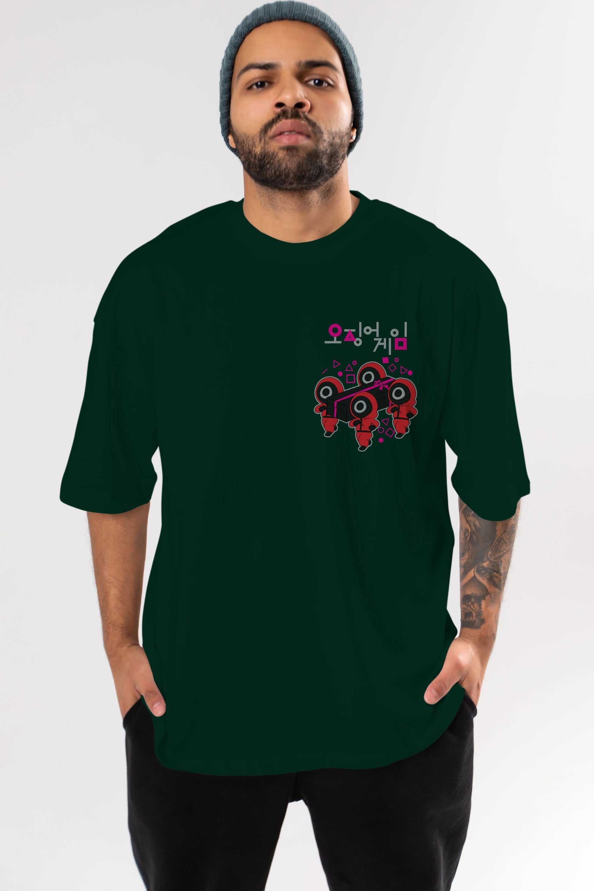Squid Game (6) Ön Sol Baskılı Oversize t-shirt Erkek Kadın Unisex %100 Pamuk Bisiklet Yaka tişort