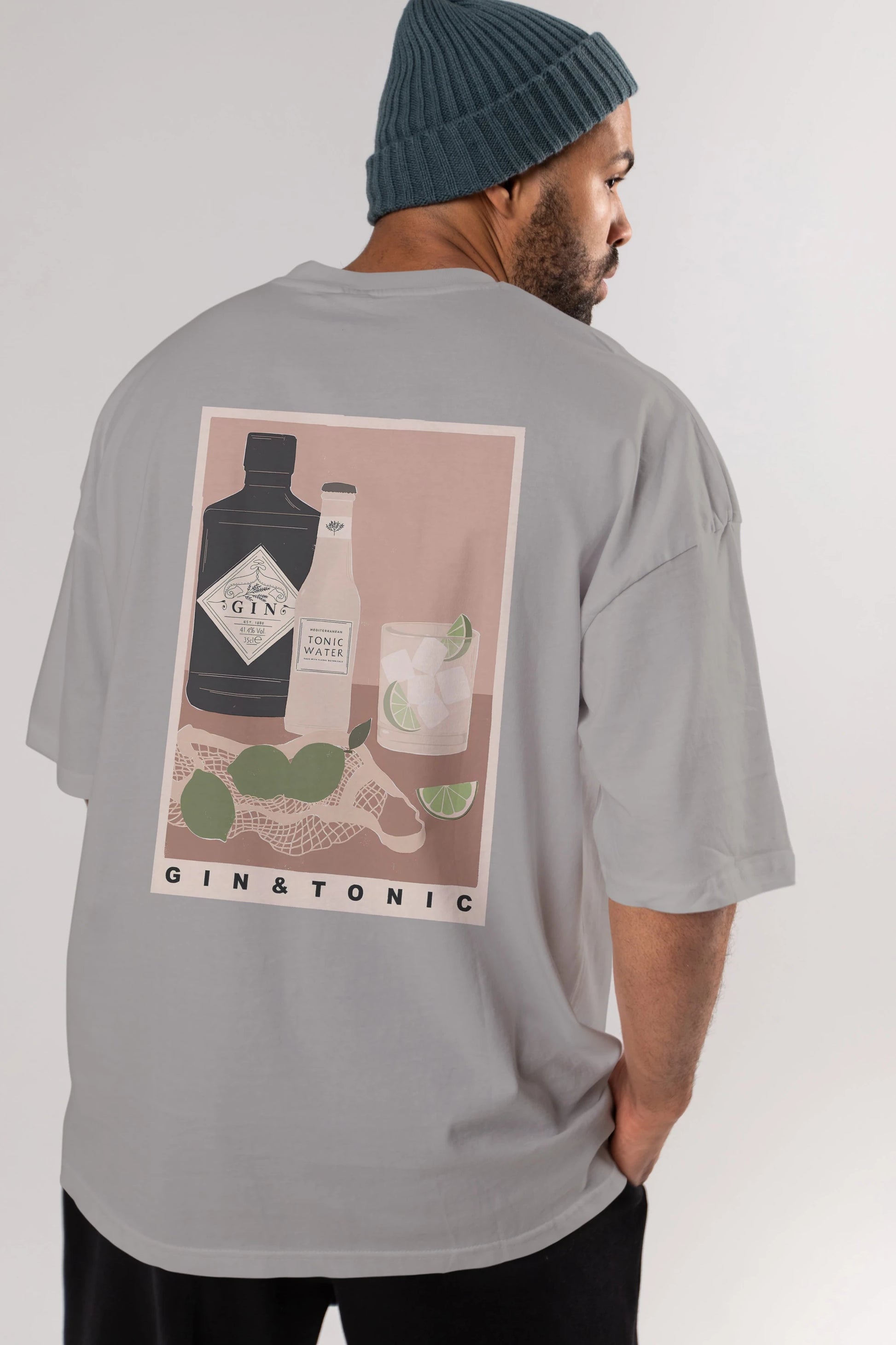 Gin Tonic Arka Baskılı Oversize t-shirt Erkek Kadın Unisex %100 Pamuk Bisiklet Yaka tişort