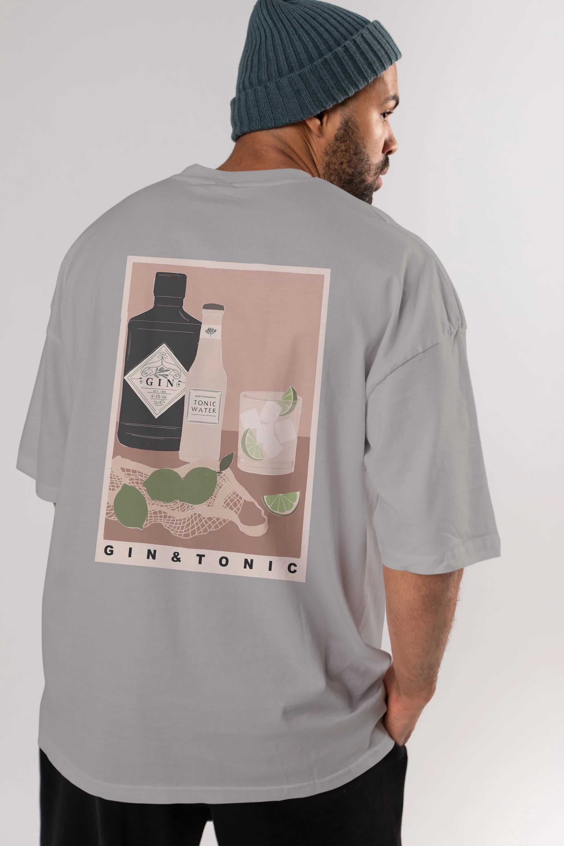Gin Tonic Arka Baskılı Oversize t-shirt Erkek Kadın Unisex %100 Pamuk Bisiklet Yaka tişort