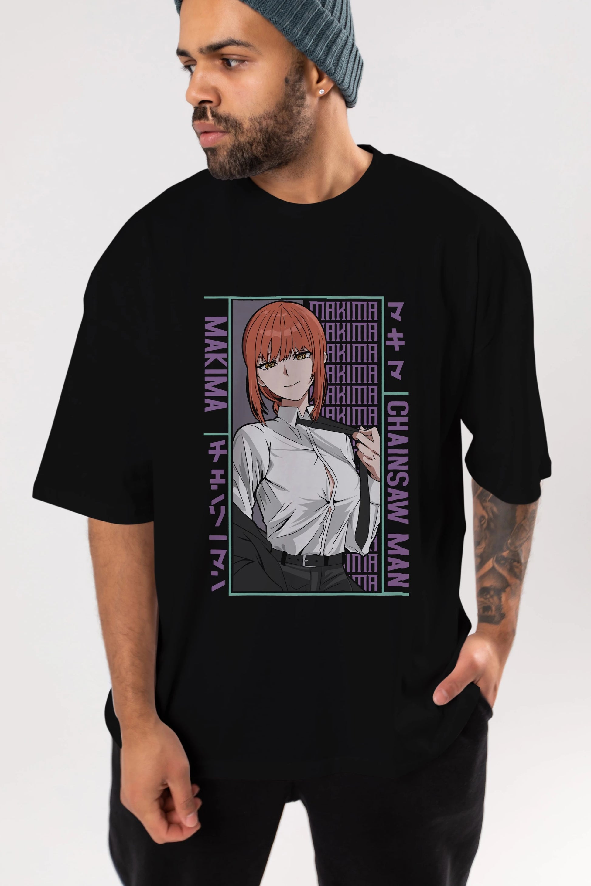 Makima Chain Saw Man Anime Ön Baskılı Oversize t-shirt %100 pamuk Erkek Kadın Unisex