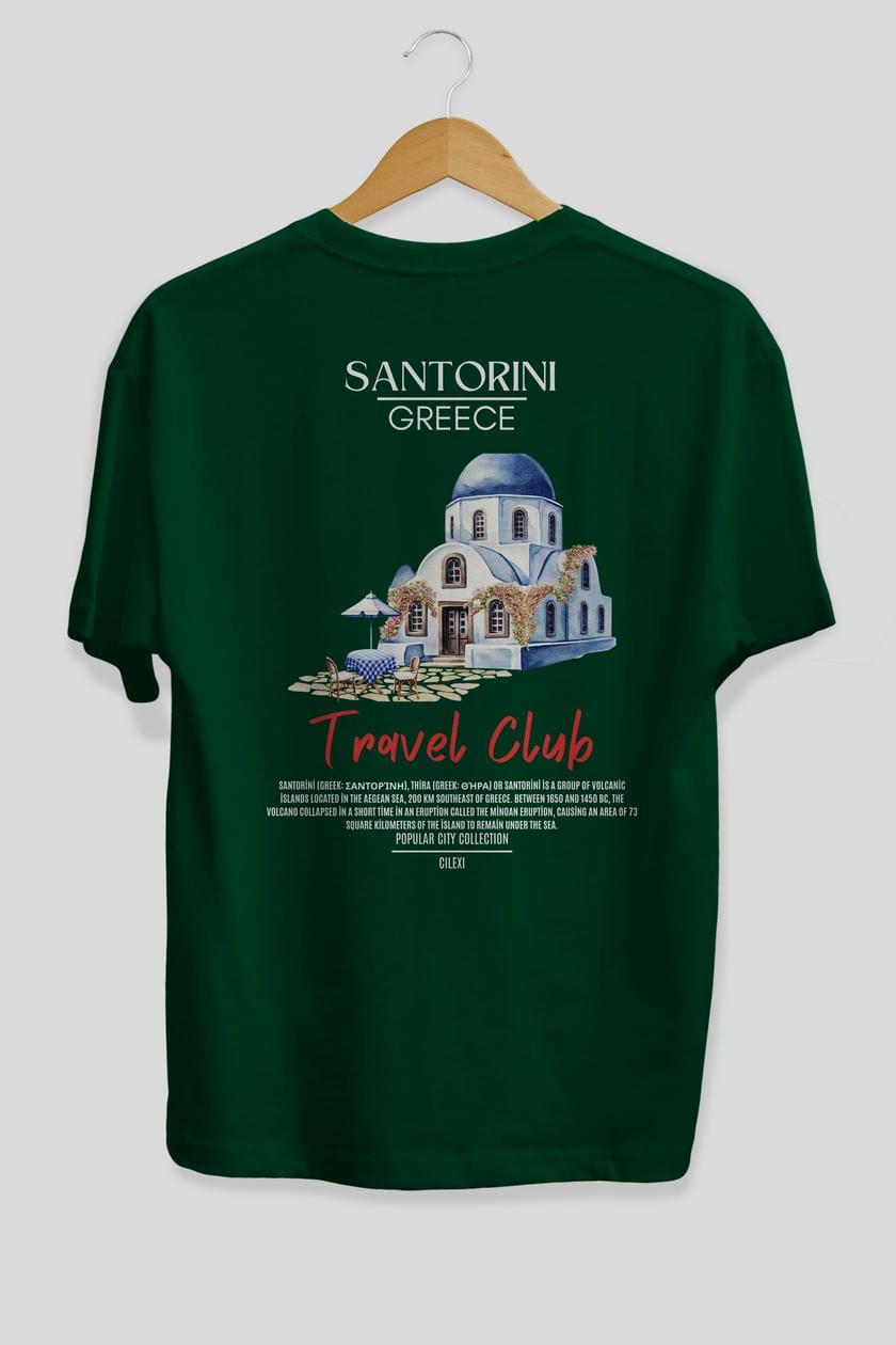 Santorini Greece Arka Baskılı Oversize t-shirt Erkek Kadın Pamuk Bisiklet Yaka tişort