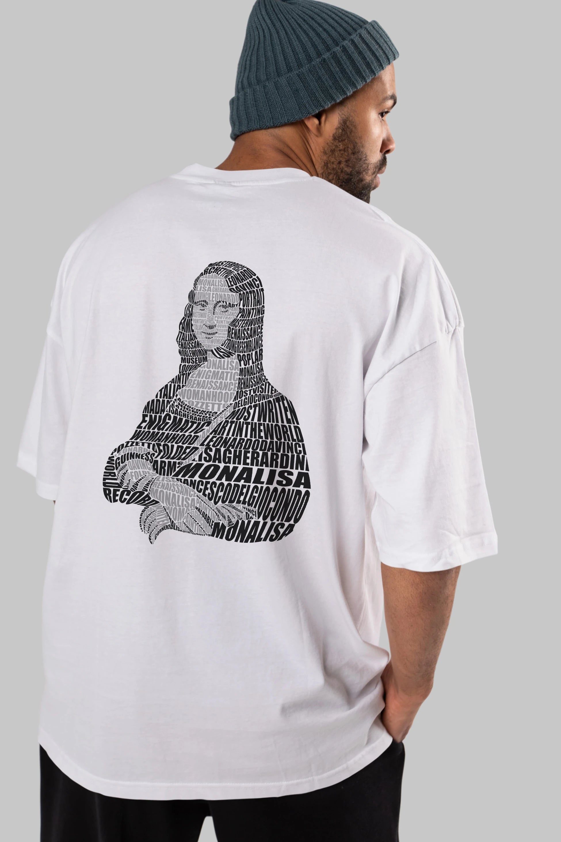 Mona Lisa Calligram Arka Baskılı Oversize t-shirt %100 pamuk Erkek Kadın Unisex