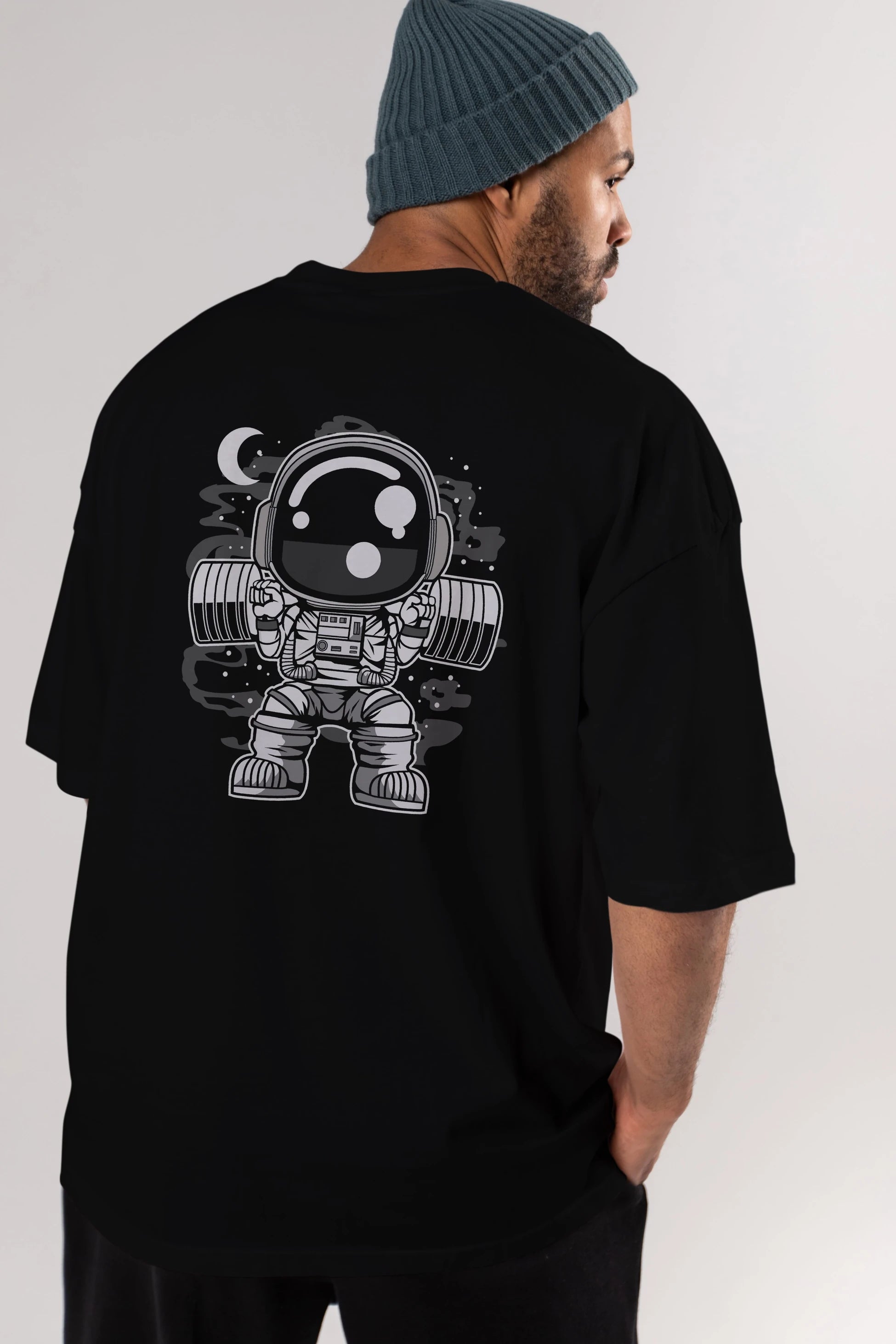 Astronaut Barbell Body Builder Arka Baskılı Oversize t-shirt Erkek Kadın Unisex