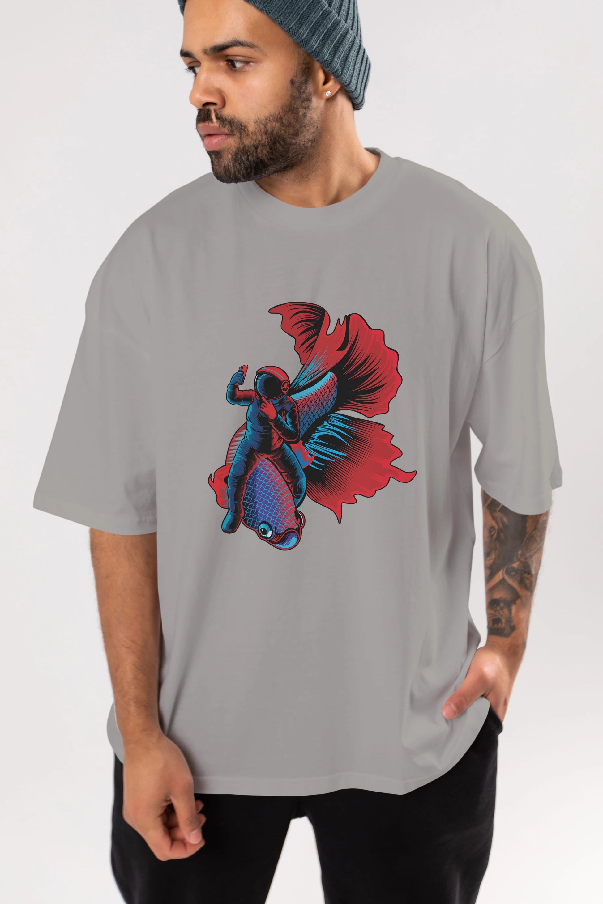 Astrofish selfie Ön Baskılı Oversize t-shirt Erkek Kadın Unisex