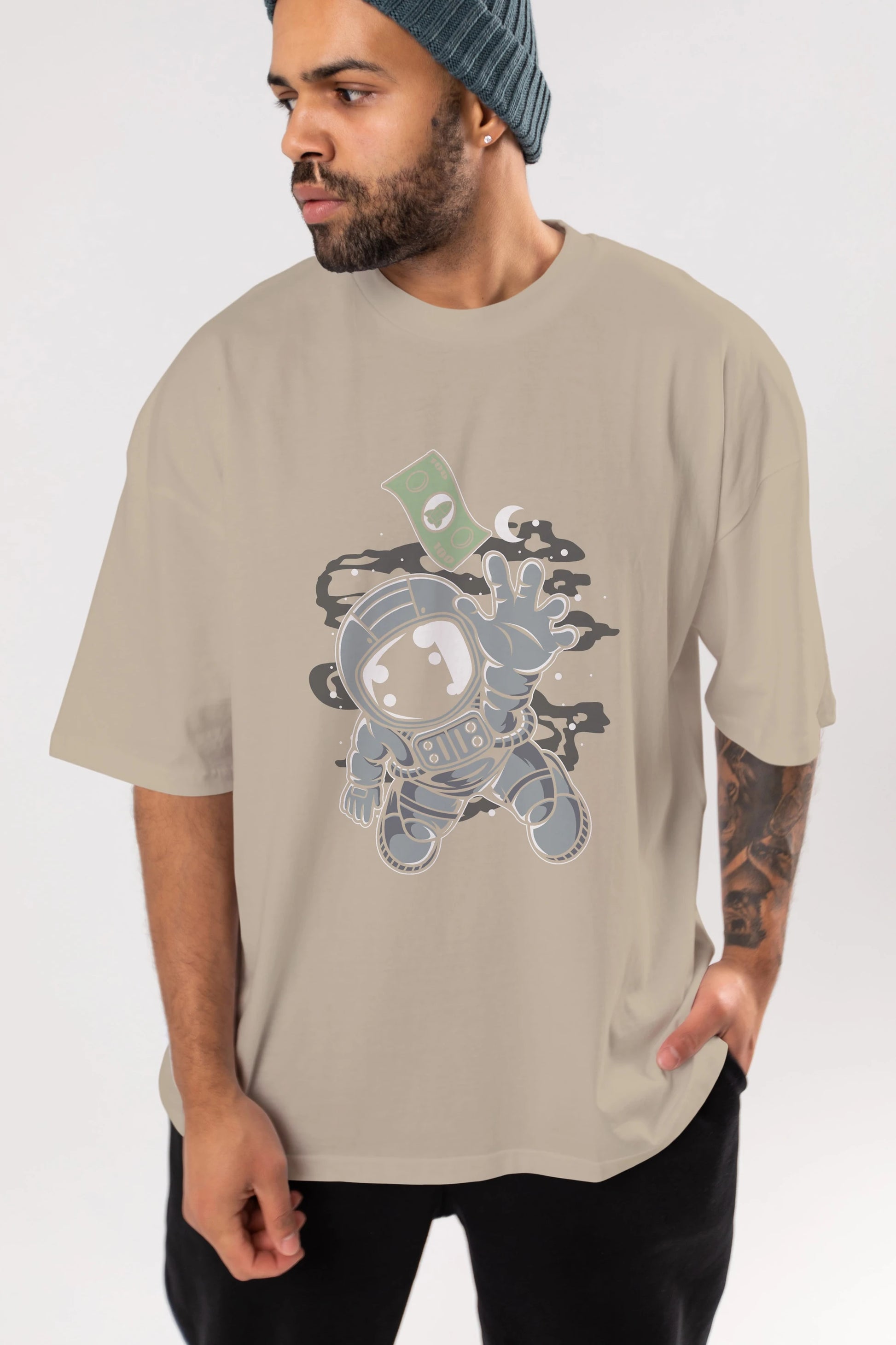 Astronaut Dollar Ön Baskılı Oversize t-shirt Erkek Kadın Unisex