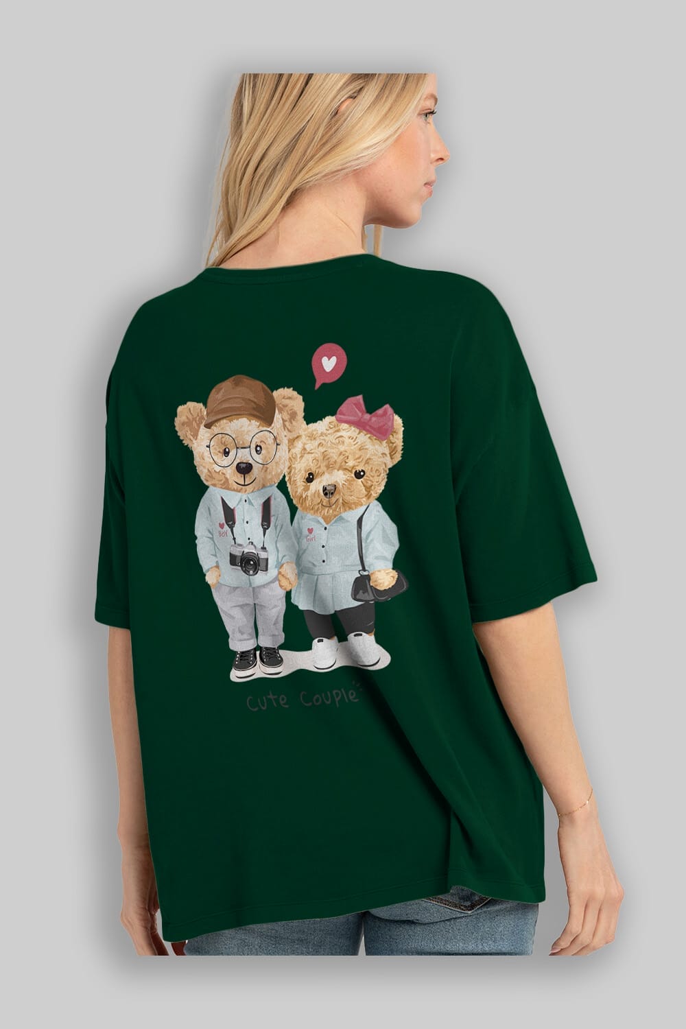 Teddy Bear Cute Couple Arka Baskılı Oversize t-shirt Erkek Kadın Unisex %100 Pamuk