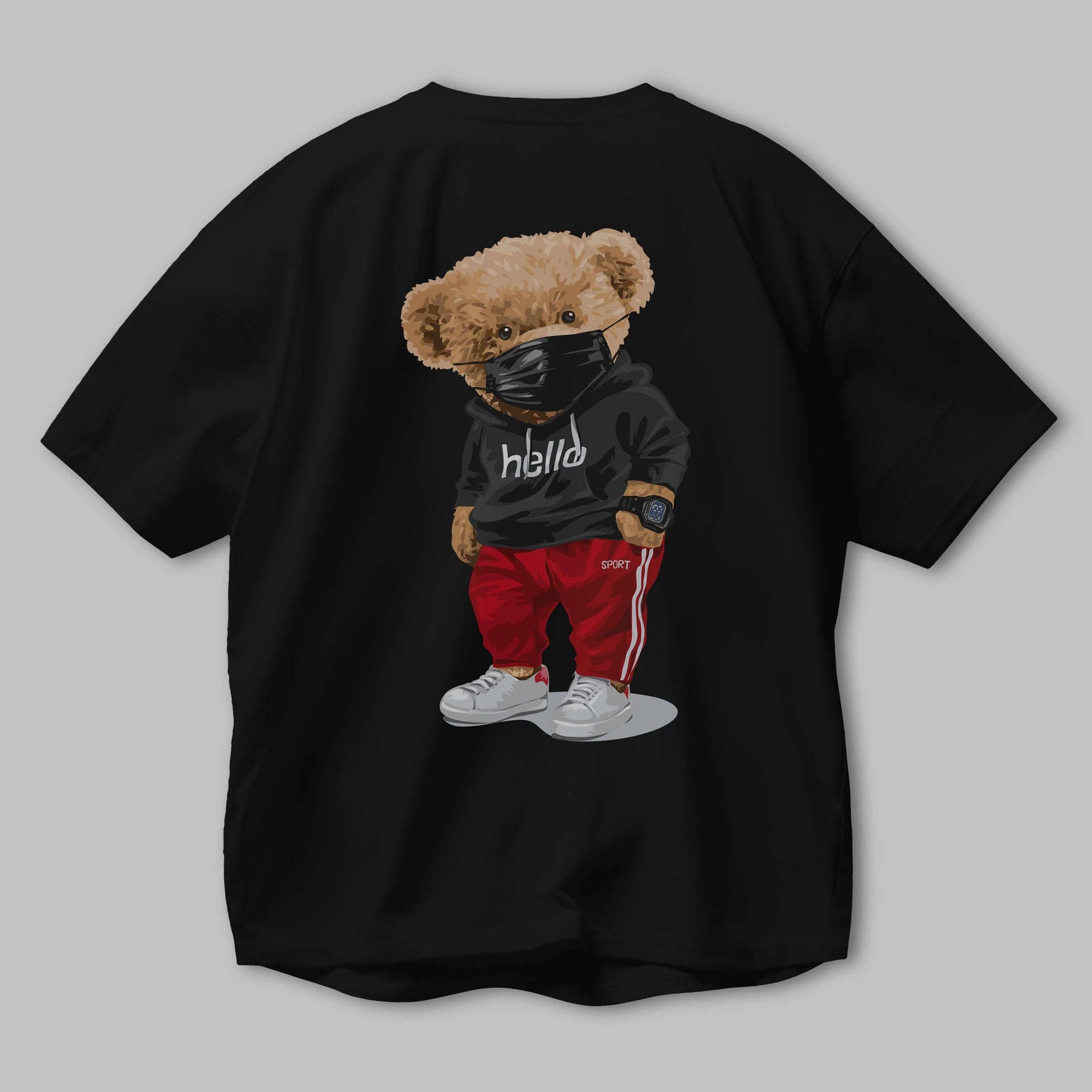 Teddy Bear Hello Sport Arka Baskılı Oversize t-shirt Erkek Kadın Unisex %100 Pamuk