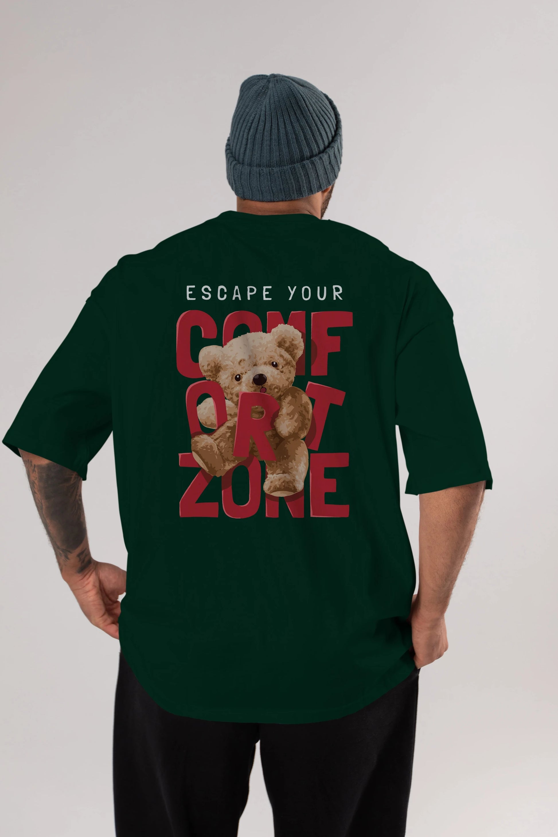 Teddy Bear Escape Comfort Zone Arka Baskılı Oversize t-shirt Erkek Kadın Unisex %100 Pamuk
