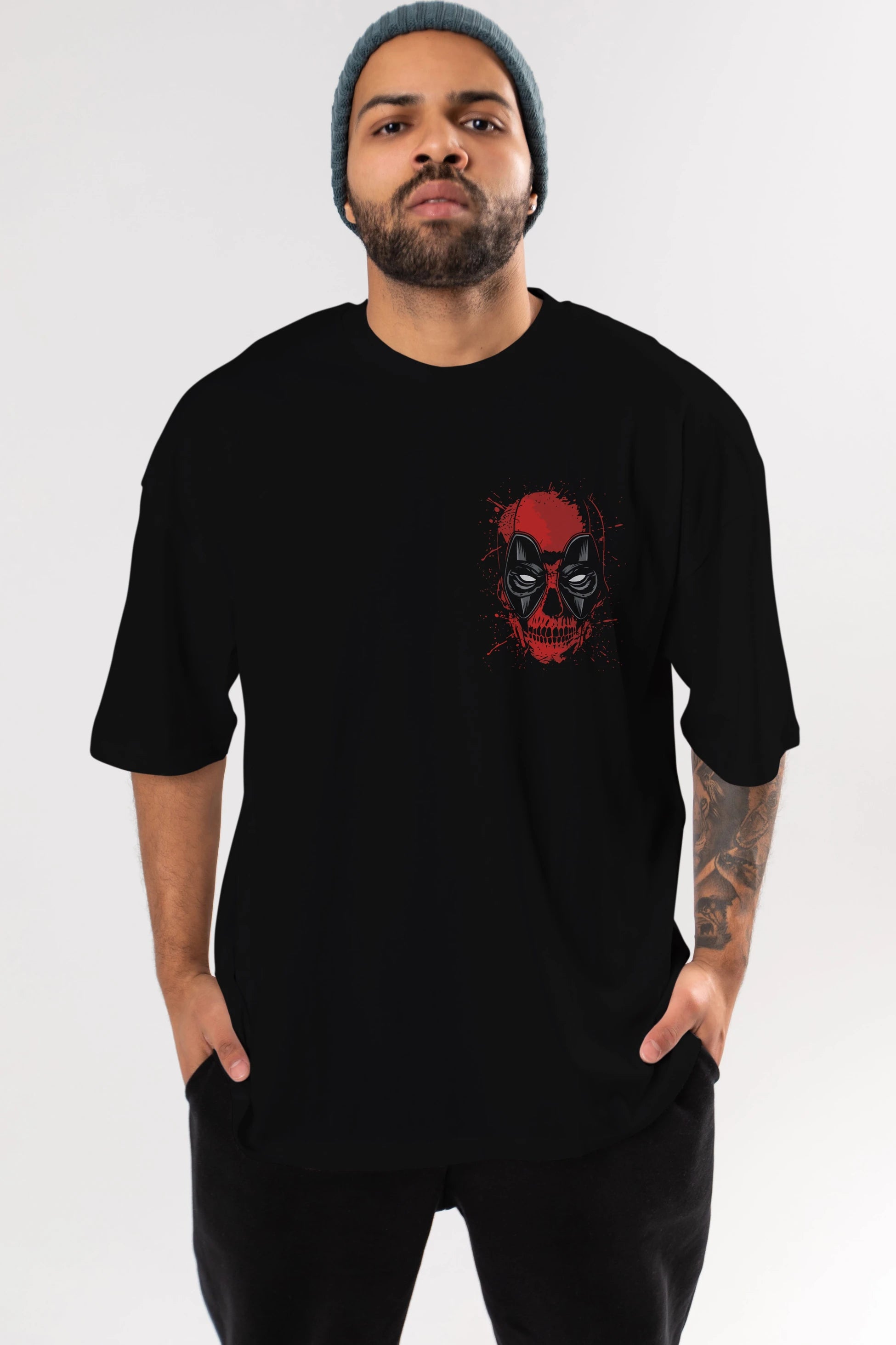 Deadpool (3) Ön Sol Baskılı Oversize t-shirt Erkek Kadın Unisex %100 Pamuk Bisiklet Yaka tişort