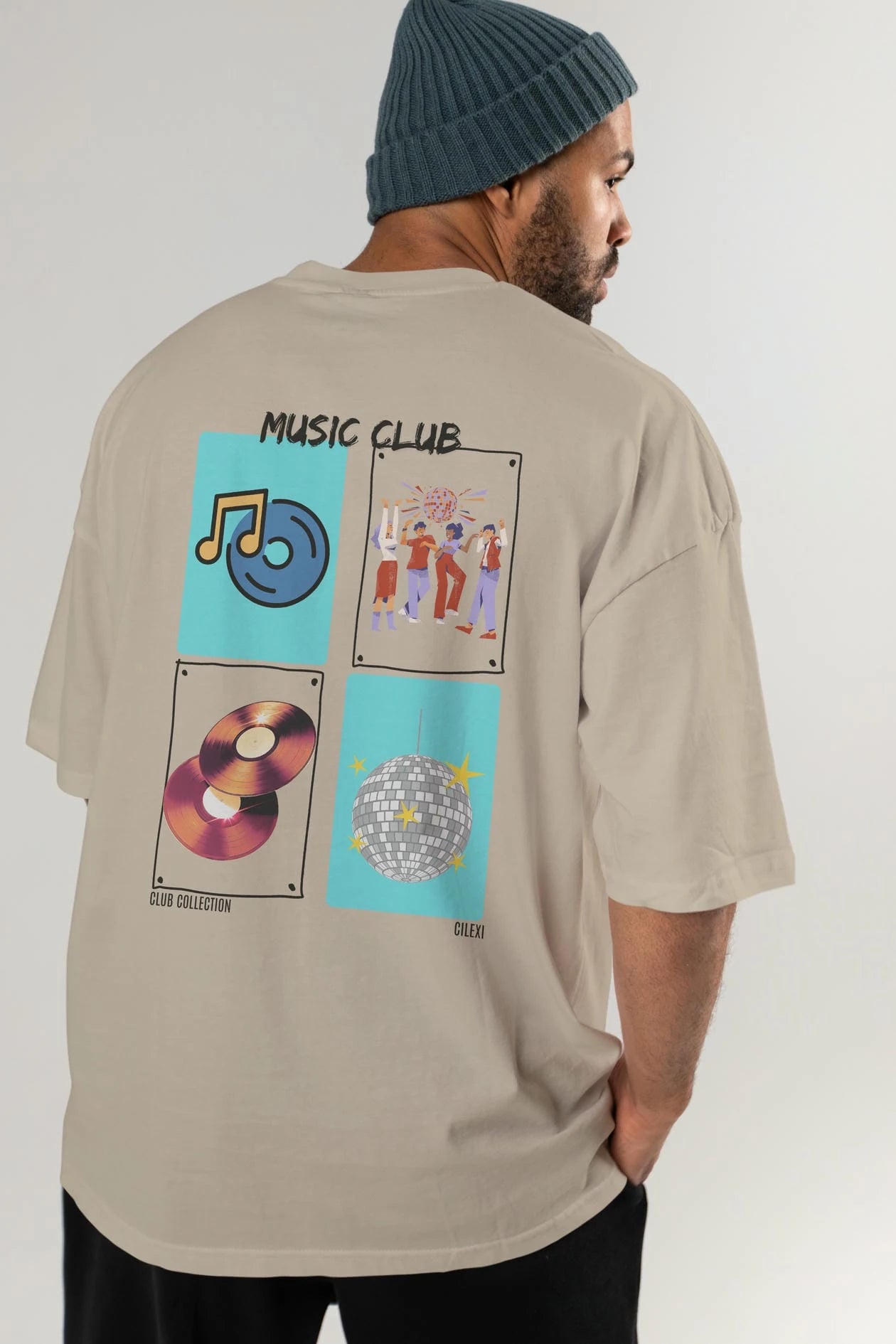 Music Club Arka Baskılı Oversize t-shirt Erkek Kadın %100 Pamuk Bisiklet Yaka tişort