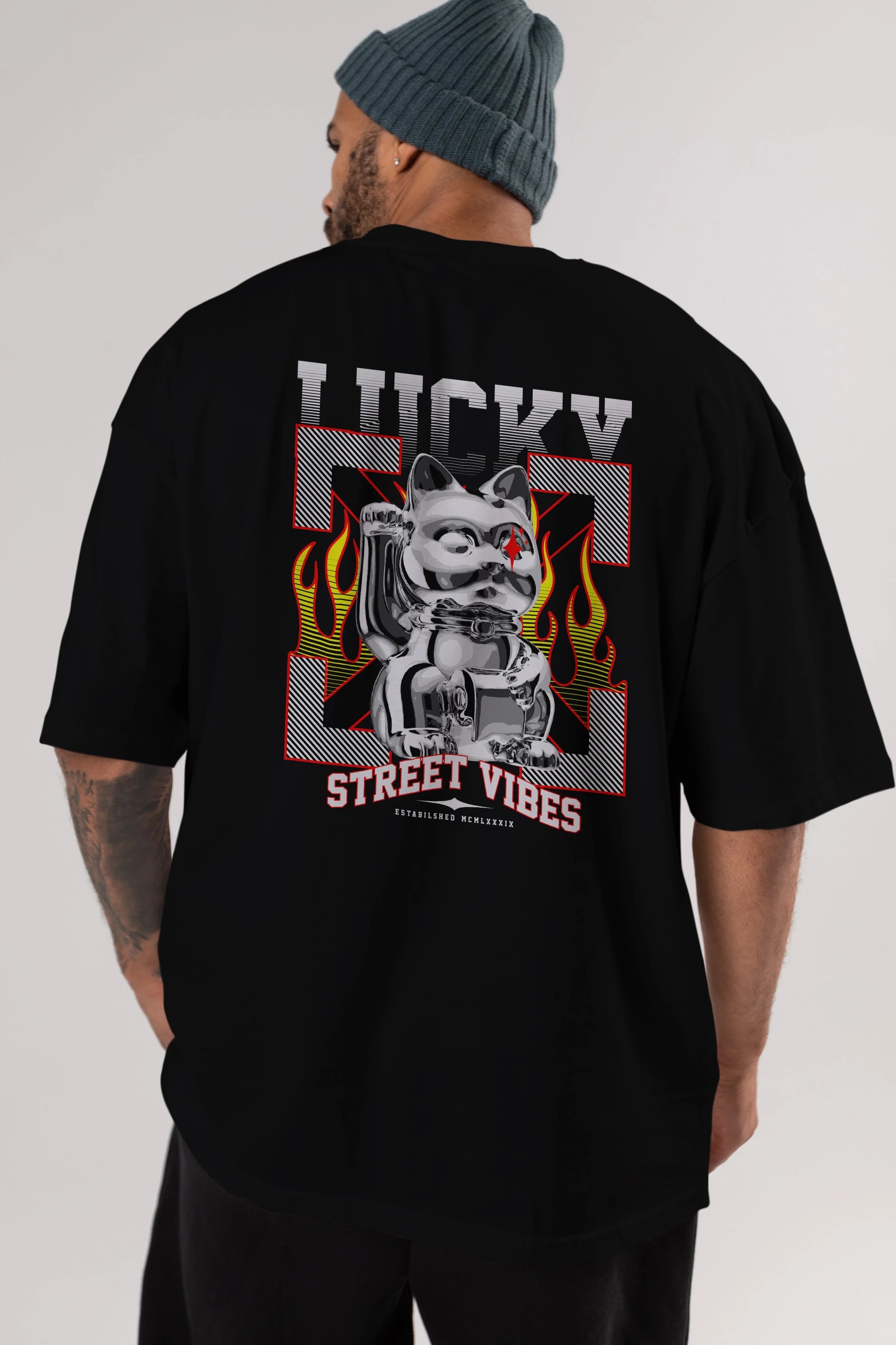 Lucky Street Vibes Arka Baskılı Oversize t-shirt Erkek Kadın Unisex