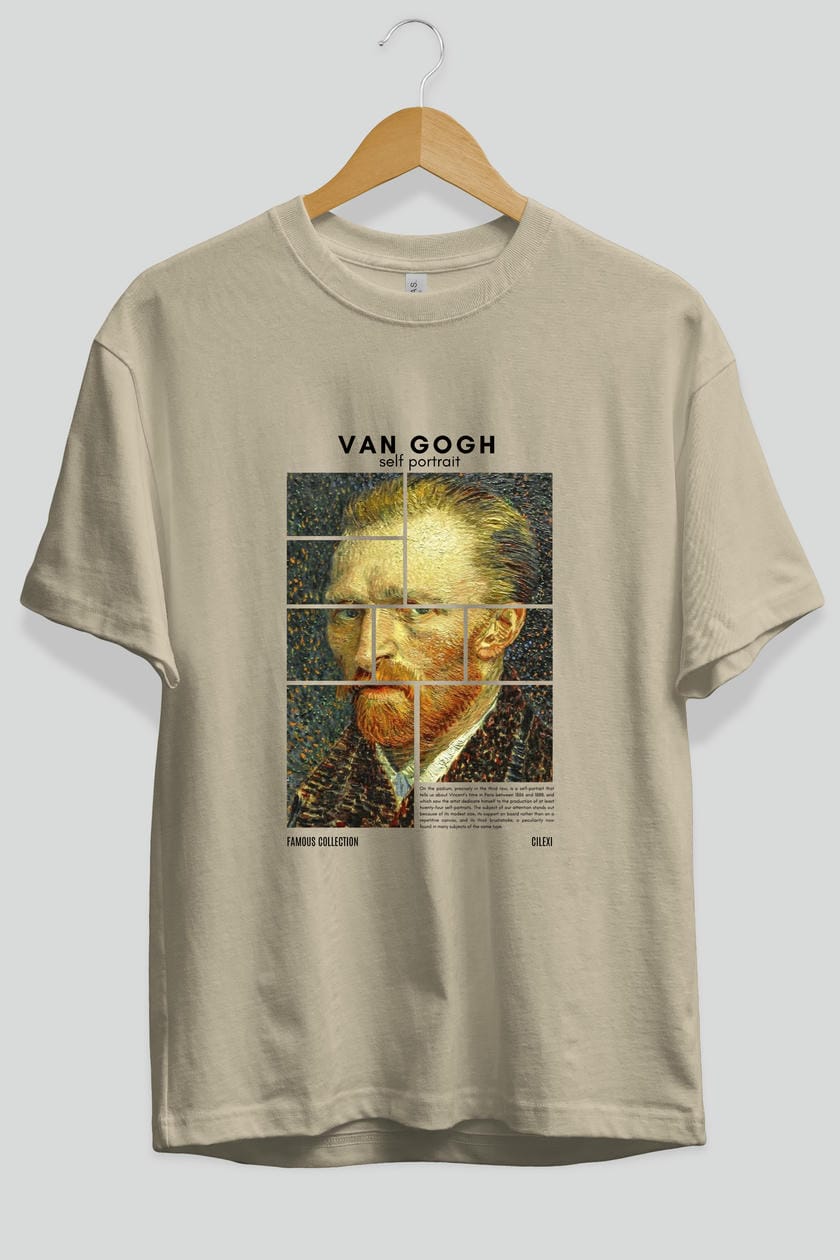 Van Gogh Self Portrait ön Baskılı Oversize t-shirt Erkek Kadın Bisiklet Yaka Pamuk tişort
