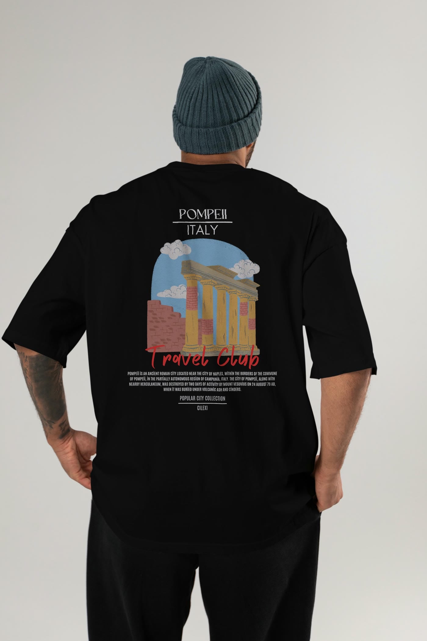 Pompeii İtaly Arka Baskılı Oversize t-shirt Erkek Kadın Pamuk Bisiklet Yaka tişort