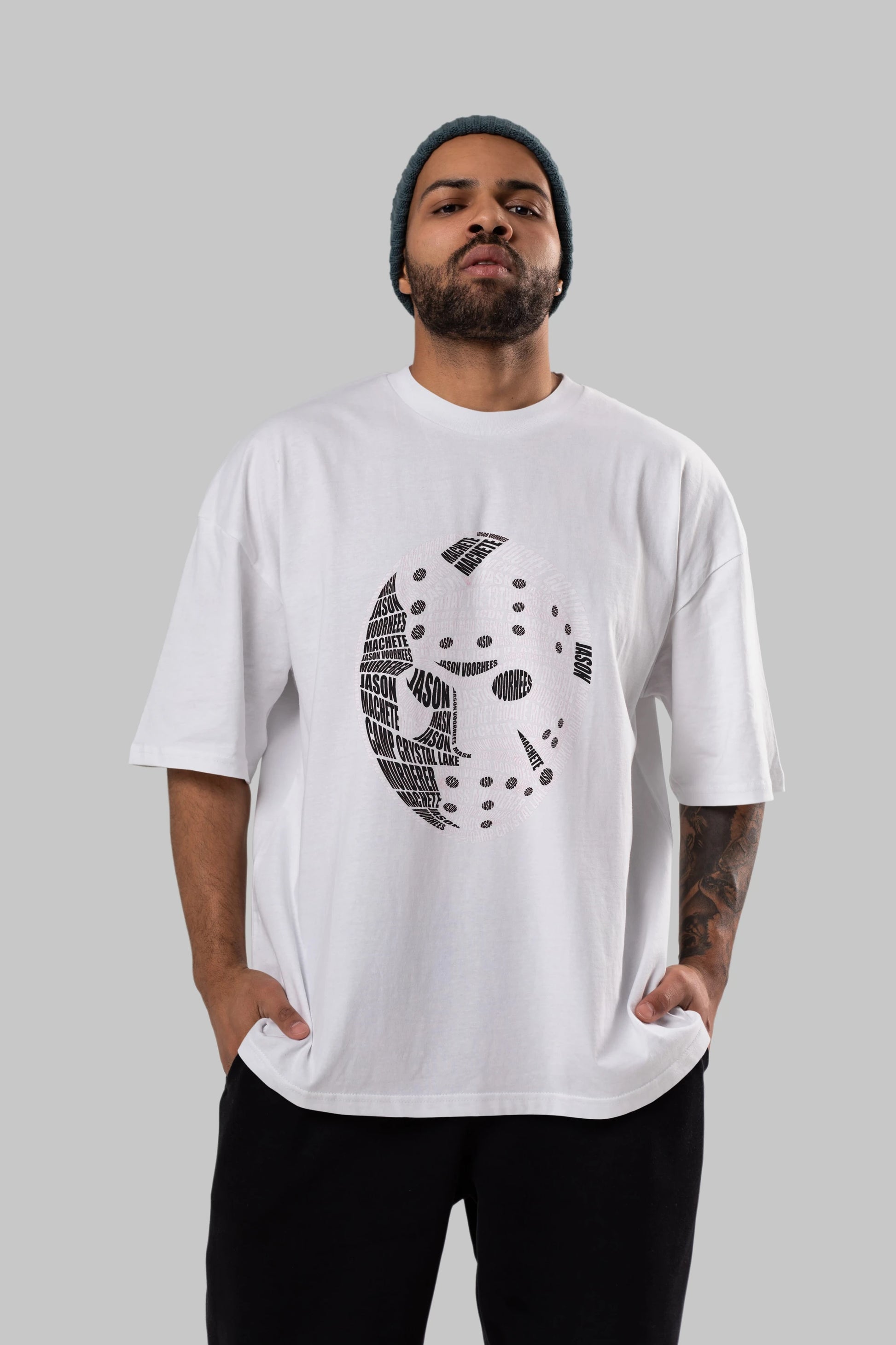 Jason Voorhees Calligram Ön Baskılı Oversize t-shirt %100 pamuk Erkek Kadın Unisex