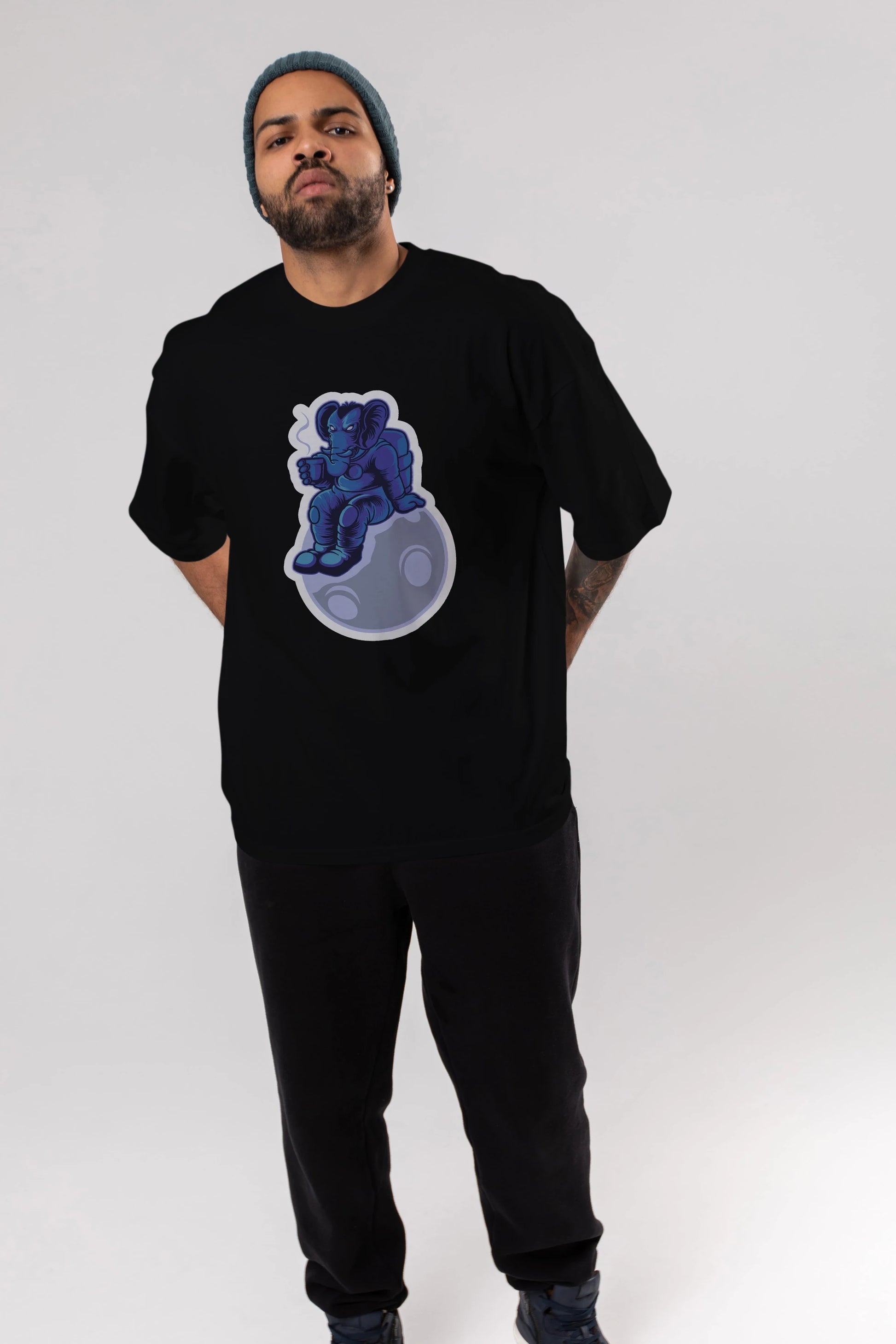 Space Elephant Drink Coffee Sticker Ön Baskılı Oversize t-shirt Erkek Kadın Unisex