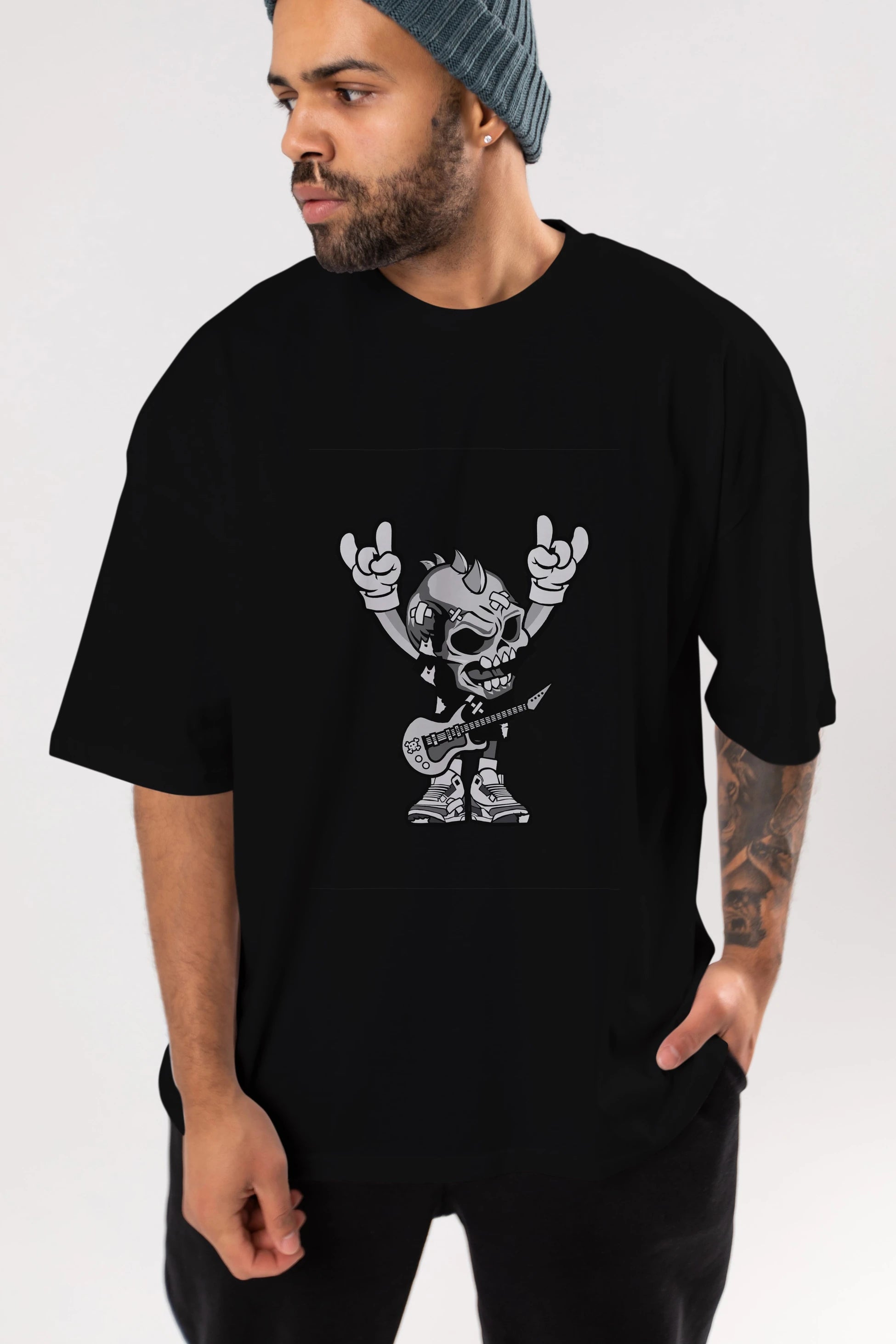 Punk Rock Skull Ön Baskılı Oversize t-shirt Erkek Kadın Unisex %100 Pamuk tişort