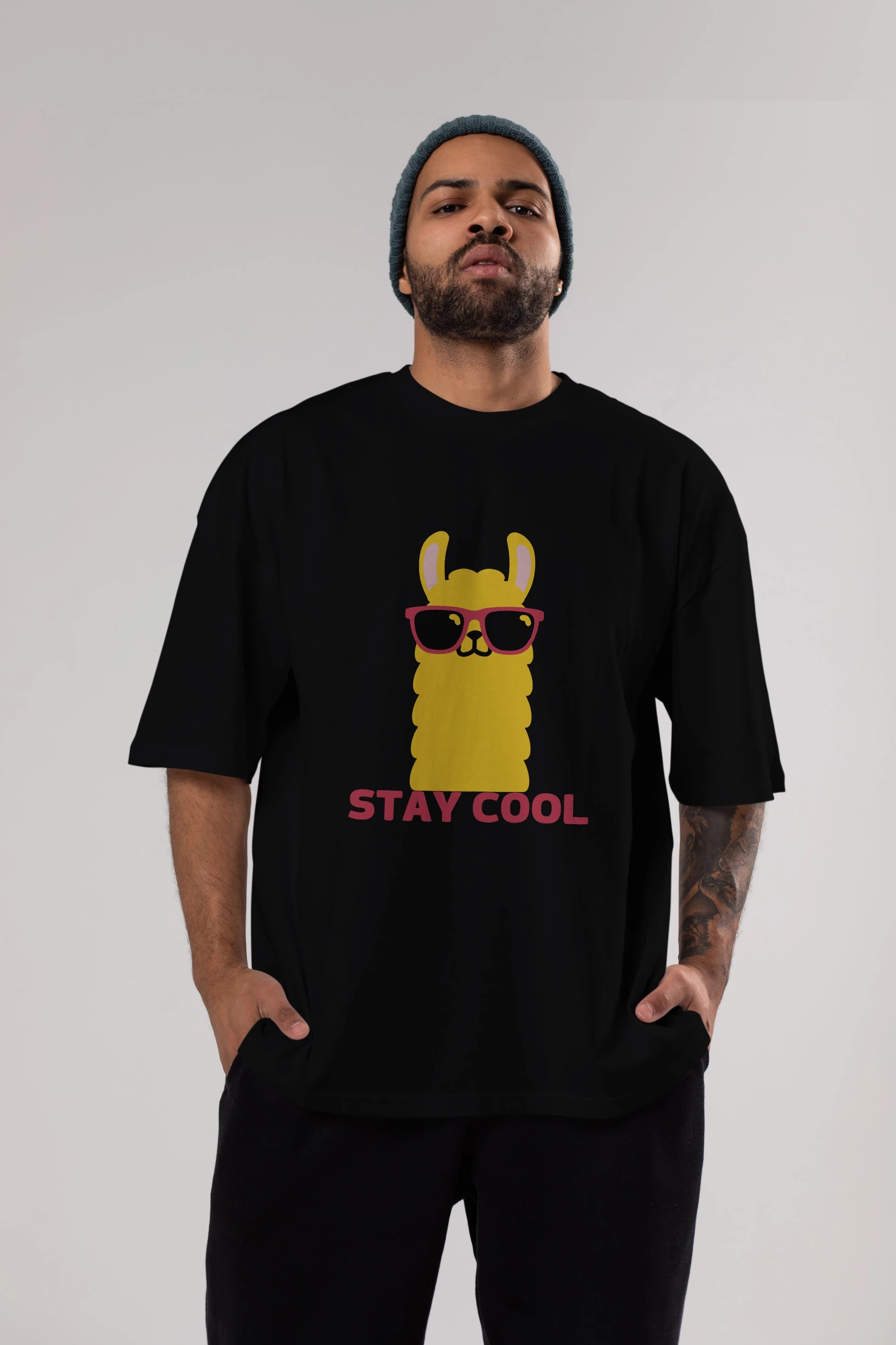 Stay Cool Yazılı Lama Ön Baskılı Oversize t-shirt Erkek Kadın Unisex