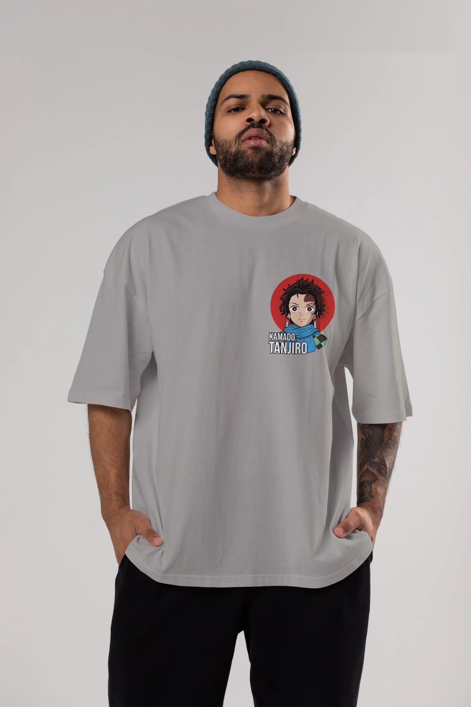 TANJIRO KAMADO Ön Sol Baskılı Oversize t-shirt Erkek Kadın Unisex %100 Pamuk Bisiklet Yaka tişort