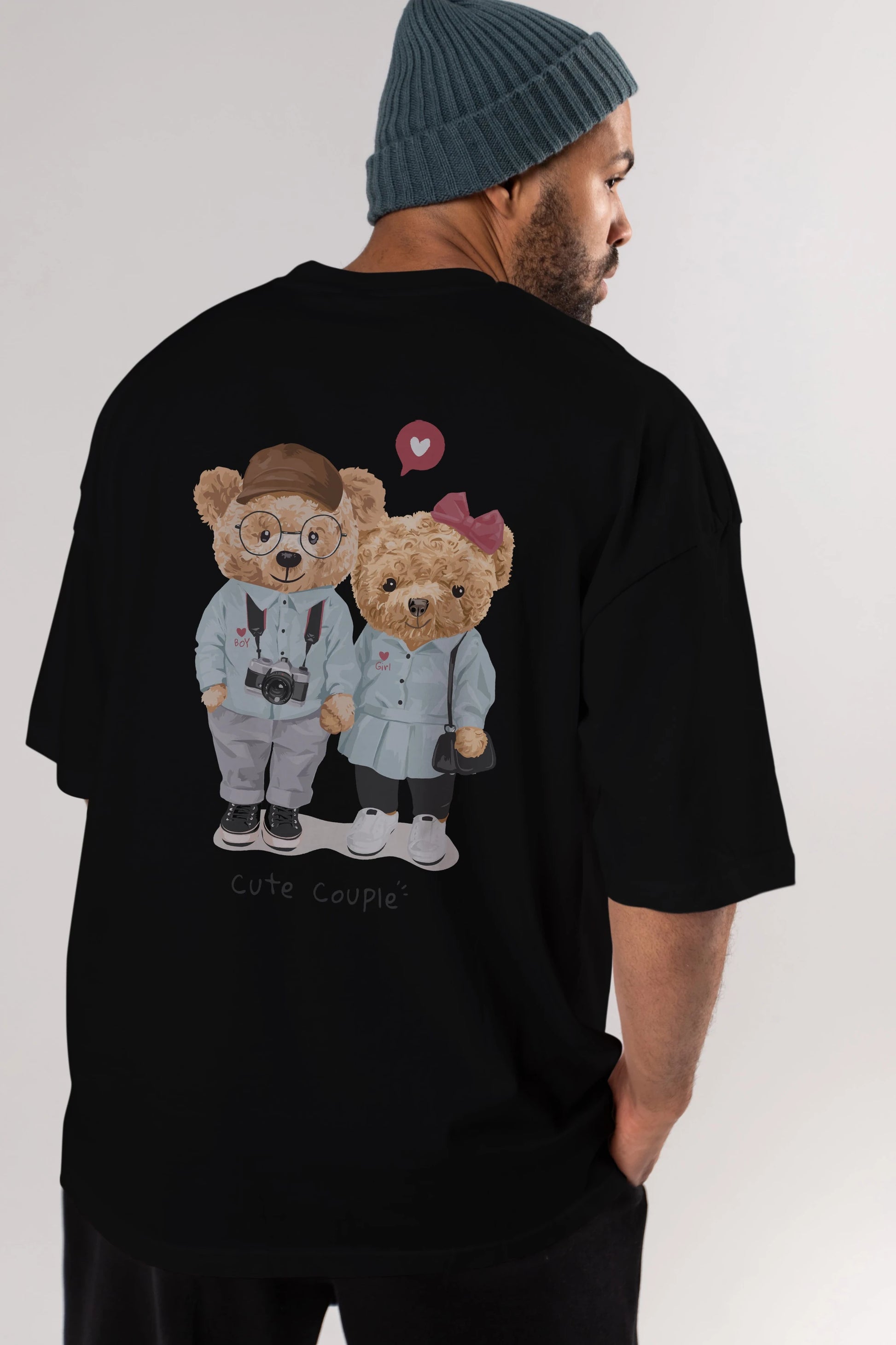 Teddy Bear Cute Couple Arka Baskılı Oversize t-shirt Erkek Kadın Unisex %100 Pamuk