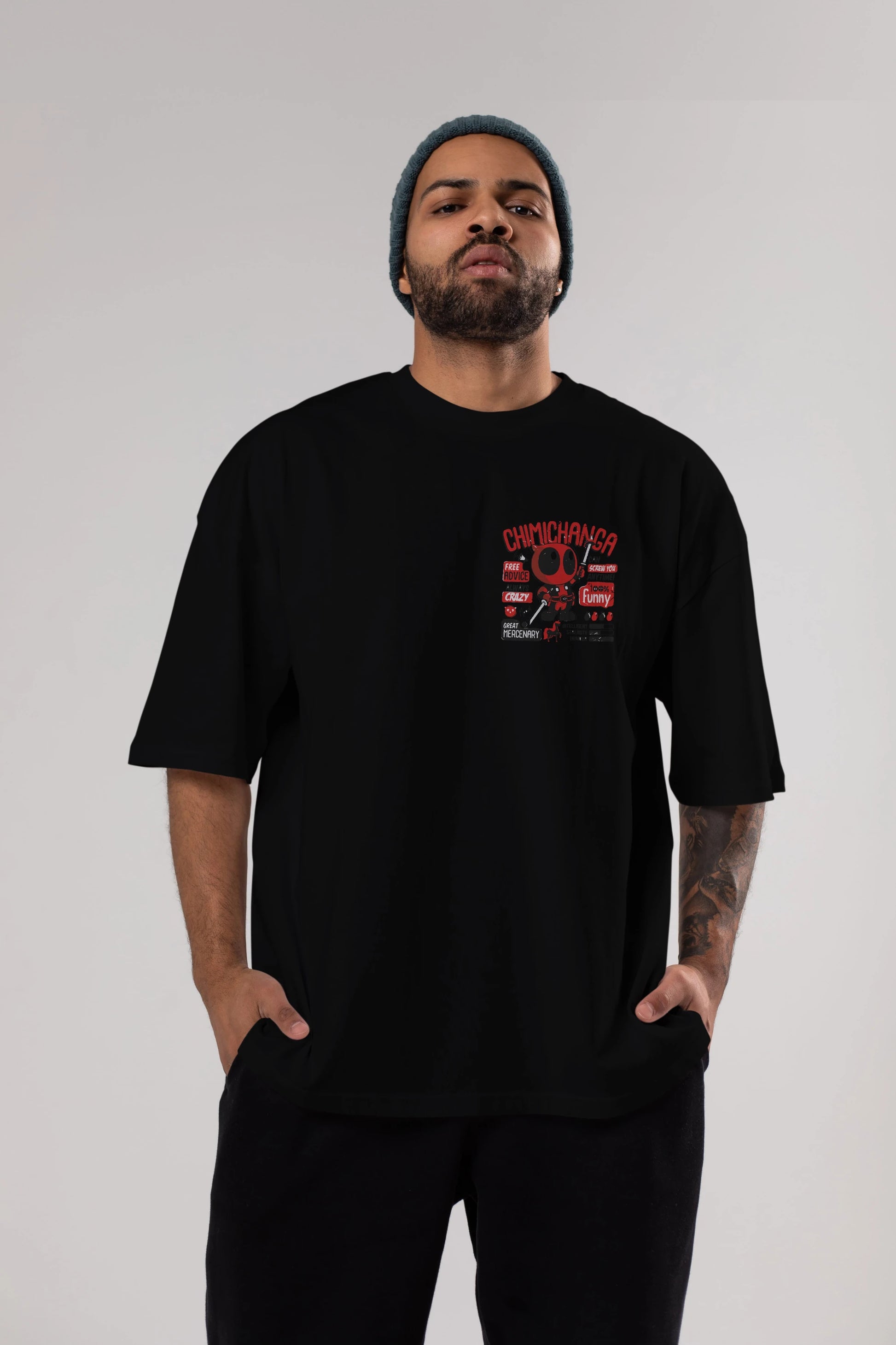 Deadpool (9) Ön Sol Baskılı Oversize t-shirt Erkek Kadın Unisex %100 Pamuk Bisiklet Yaka tişort