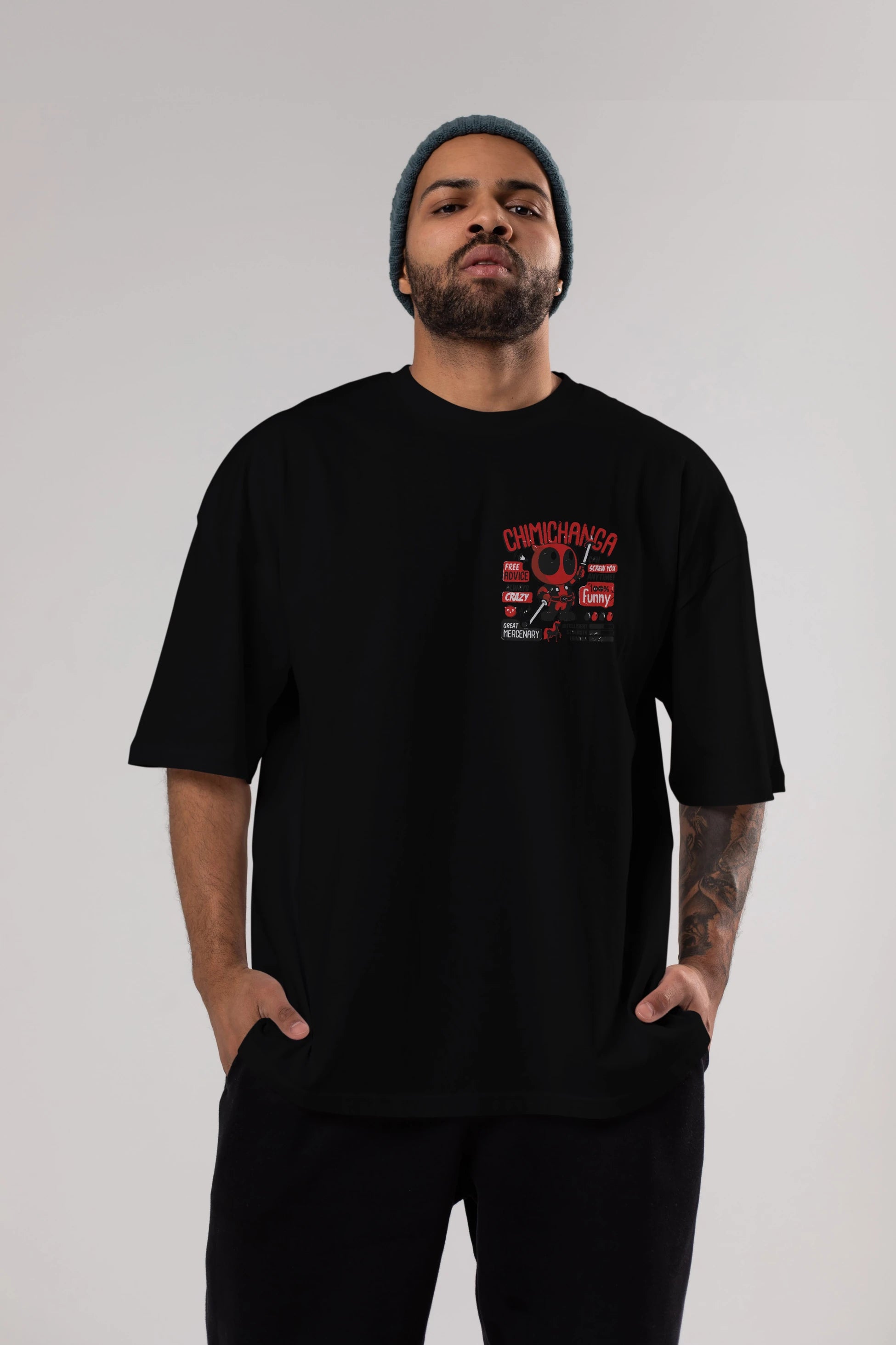 Deadpool (9) Ön Sol Baskılı Oversize t-shirt Erkek Kadın Unisex %100 Pamuk Bisiklet Yaka tişort