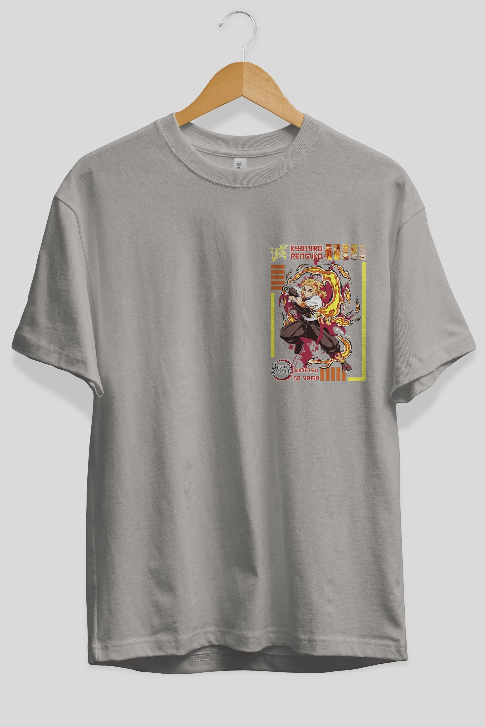 KYOJURO RENGOKU Ön Sol Baskılı Oversize t-shirt Erkek Kadın Unisex %100 Pamuk Bisiklet Yaka tişort