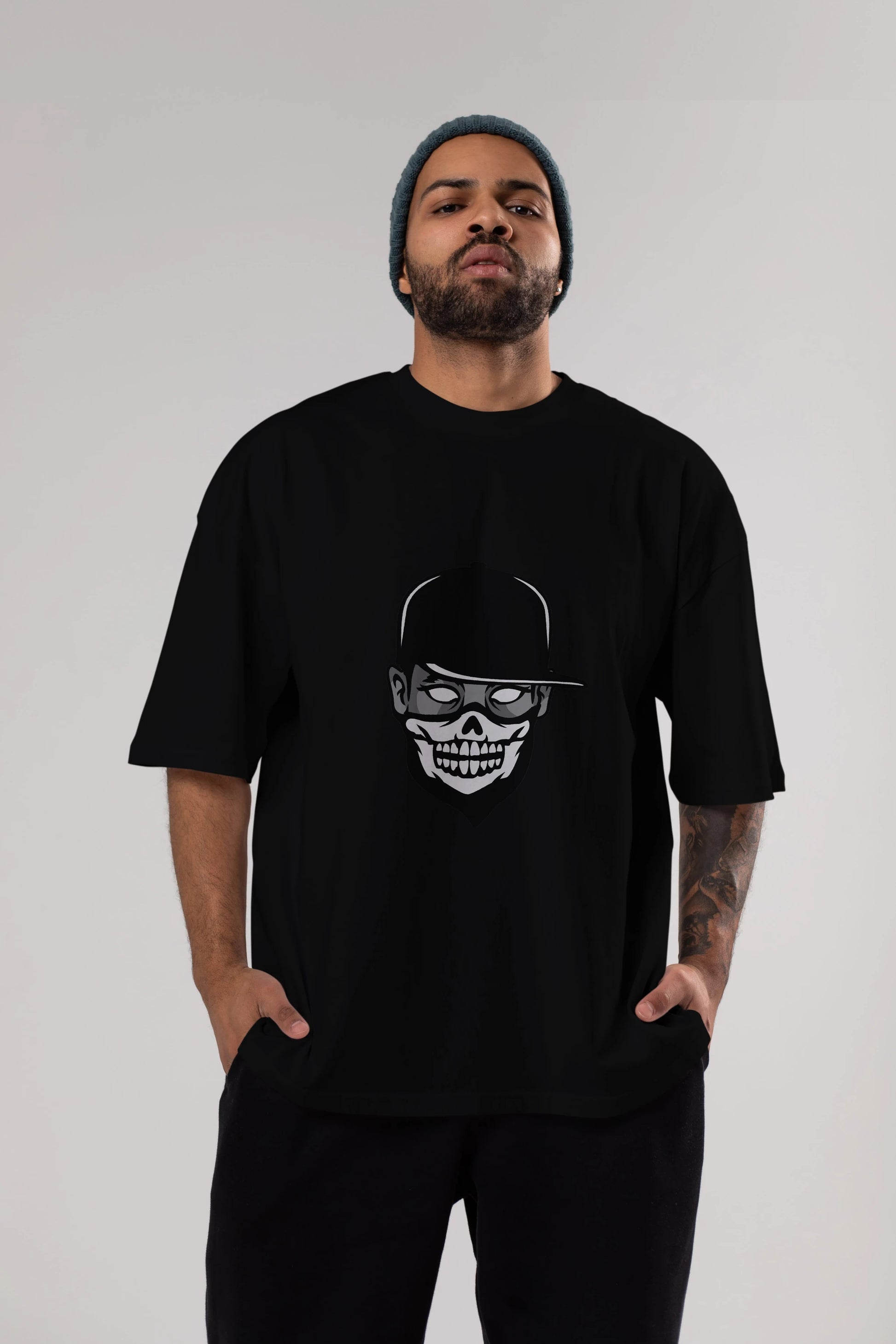 Skull Mask Ön Baskılı Oversize t-shirt Erkek Kadın Unisex %100 Pamuk tişort
