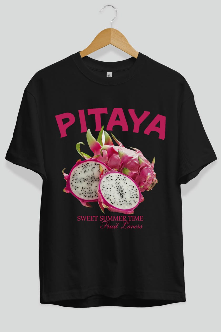 Pitaya Ön Baskılı Oversize t-shirt Erkek Kadın Pamuk Bisiklet Yaka tişort