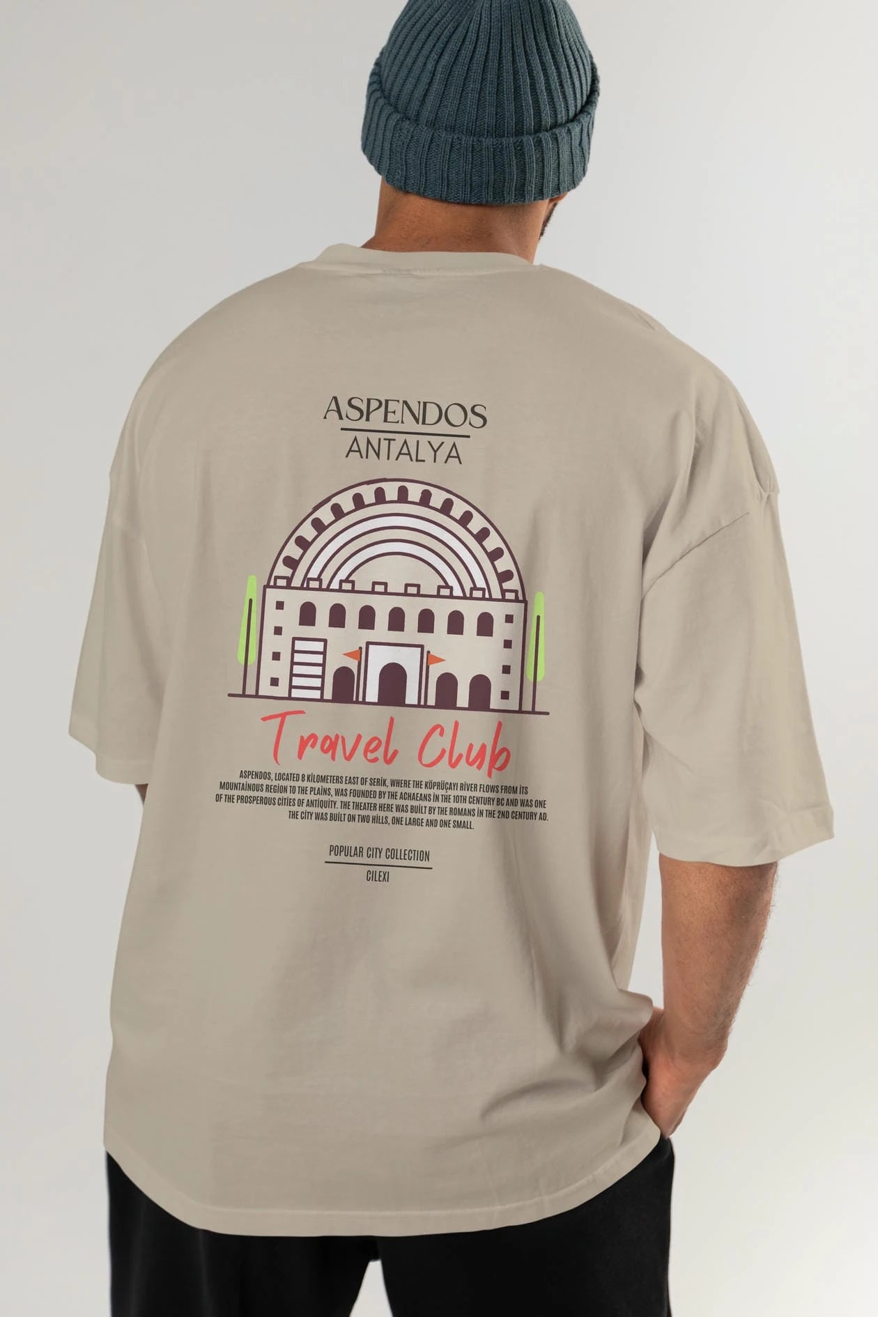 Aspendos Antalya Arka Baskılı Oversize t-shirt Erkek Kadın Pamuk Bisiklet Yaka tişort