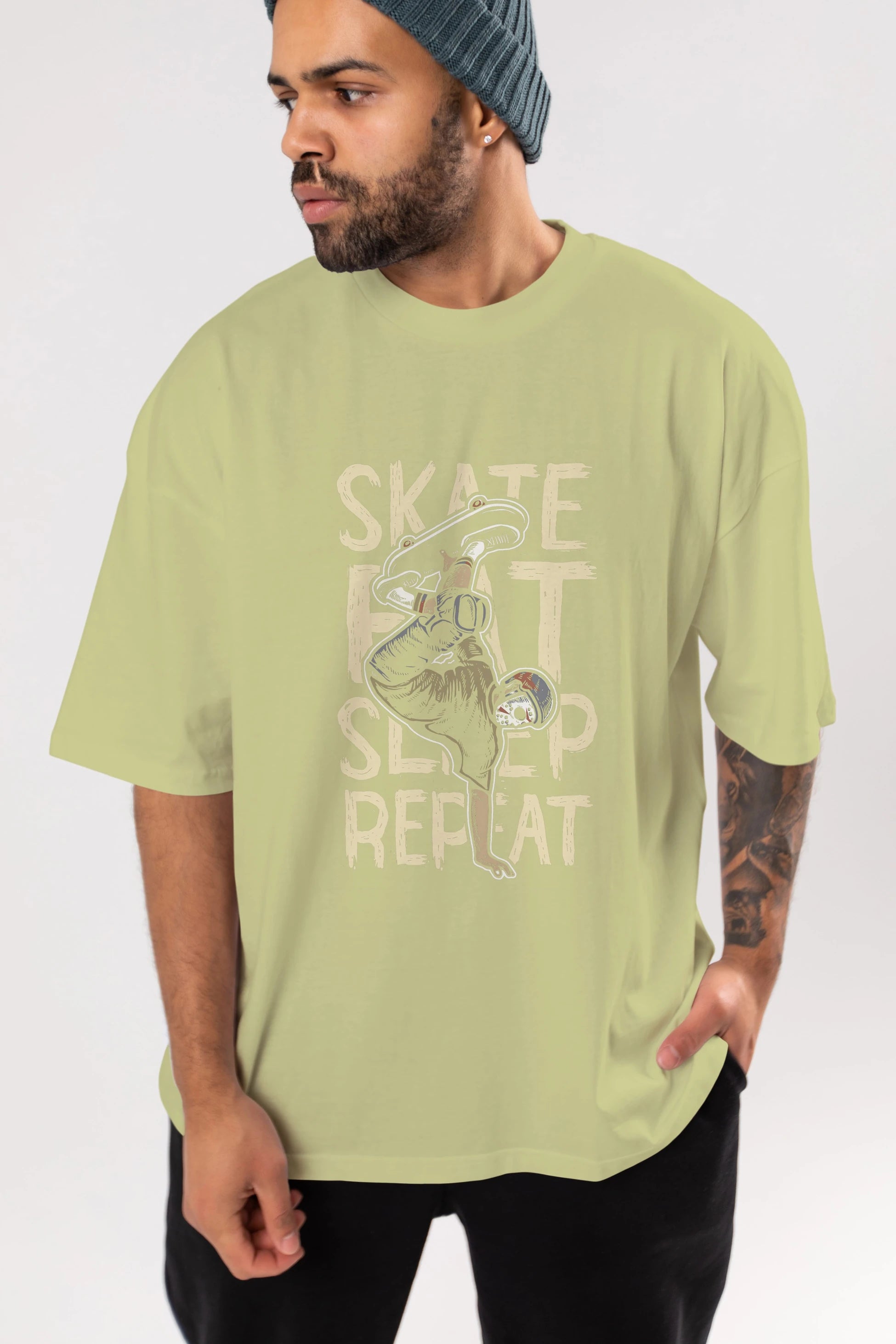 Skate Eat Sleep Repeat Ön Baskılı Oversize t-shirt Erkek Kadın Unisex %100 Pamuk tişort