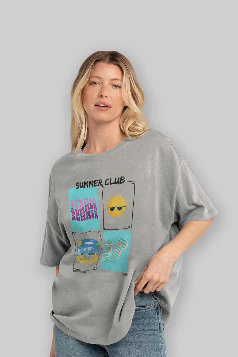 Summer Club ön Baskılı Oversize t-shirt Erkek Kadın %100 Pamuk Bisiklet Yaka tişort
