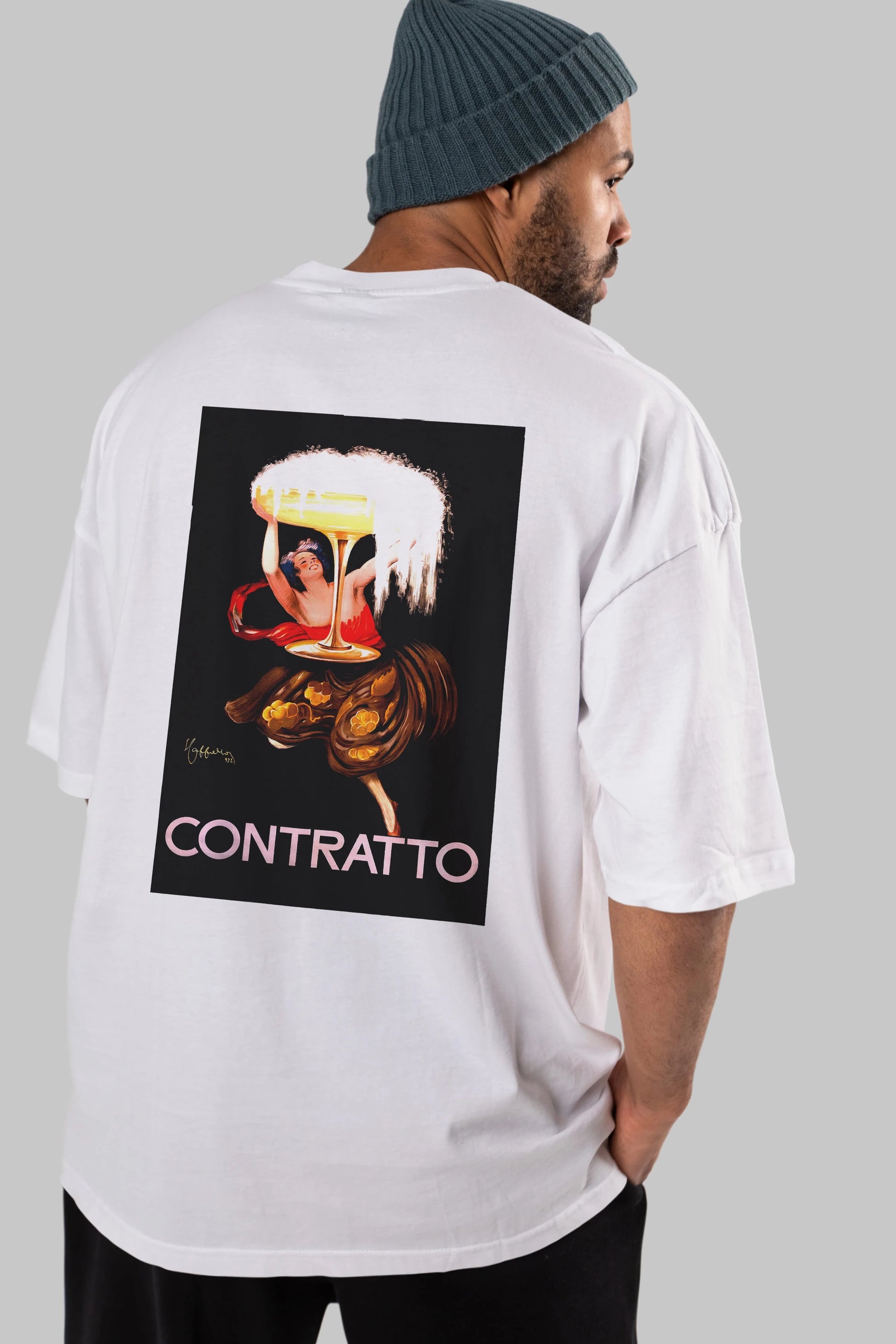 Contratto Arka Baskılı Oversize t-shirt Erkek Kadın Unisex %100 Pamuk Bisiklet Yaka tişort
