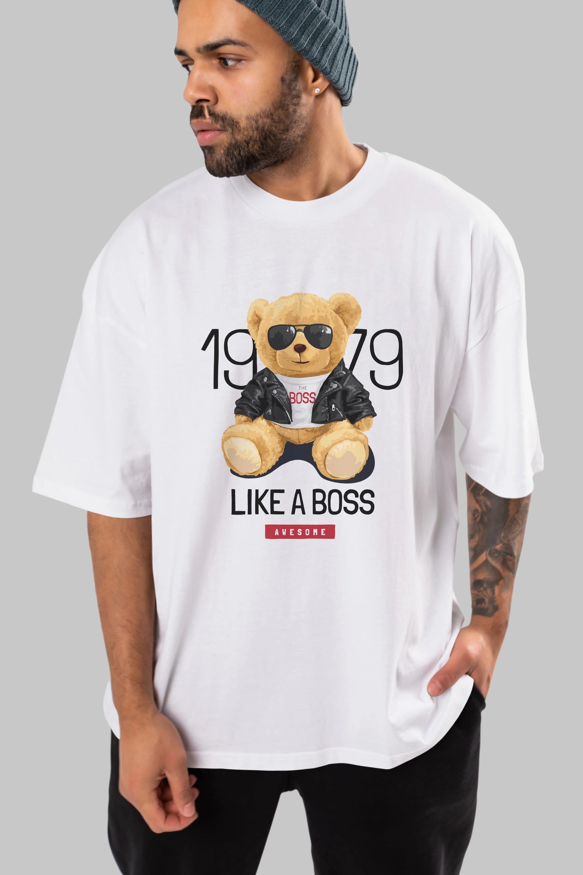 Teddy Bear Like A Boss Ön Baskılı Oversize t-shirt Erkek Kadın Unisex %100 Pamuk