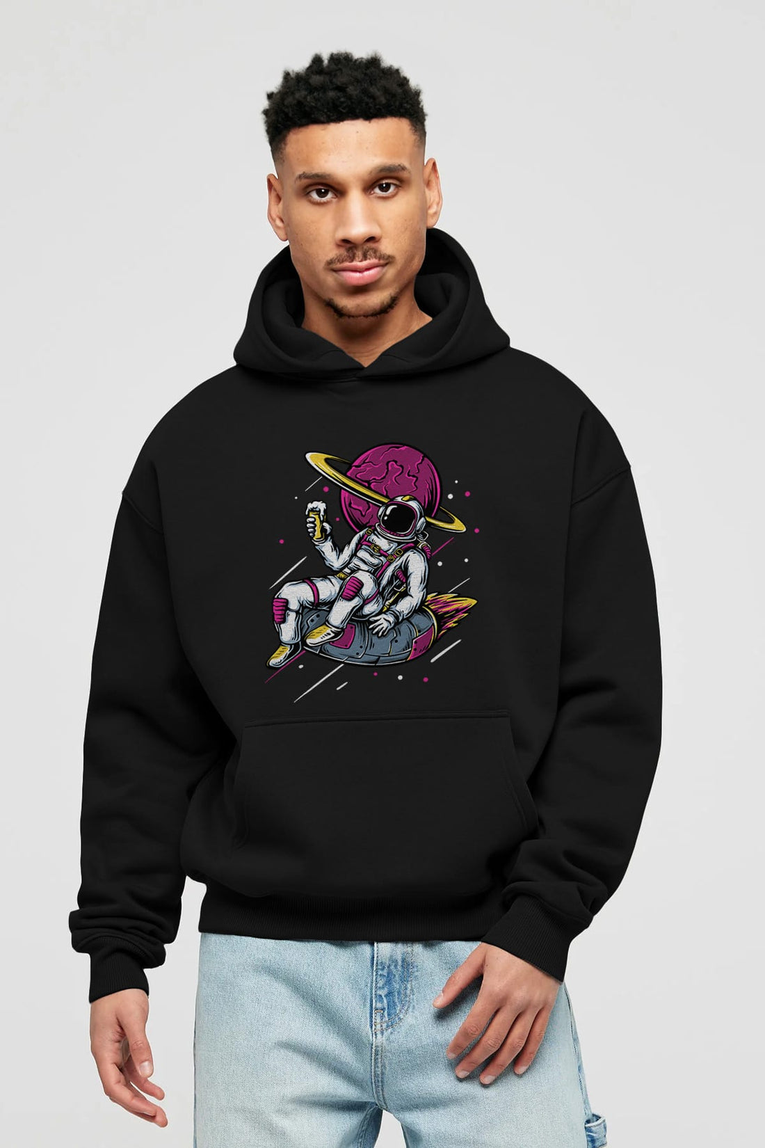 Astronaut Beer Ön Baskılı Oversize Hoodie Kapüşonlu Sweatshirt Erkek Kadın Unisex