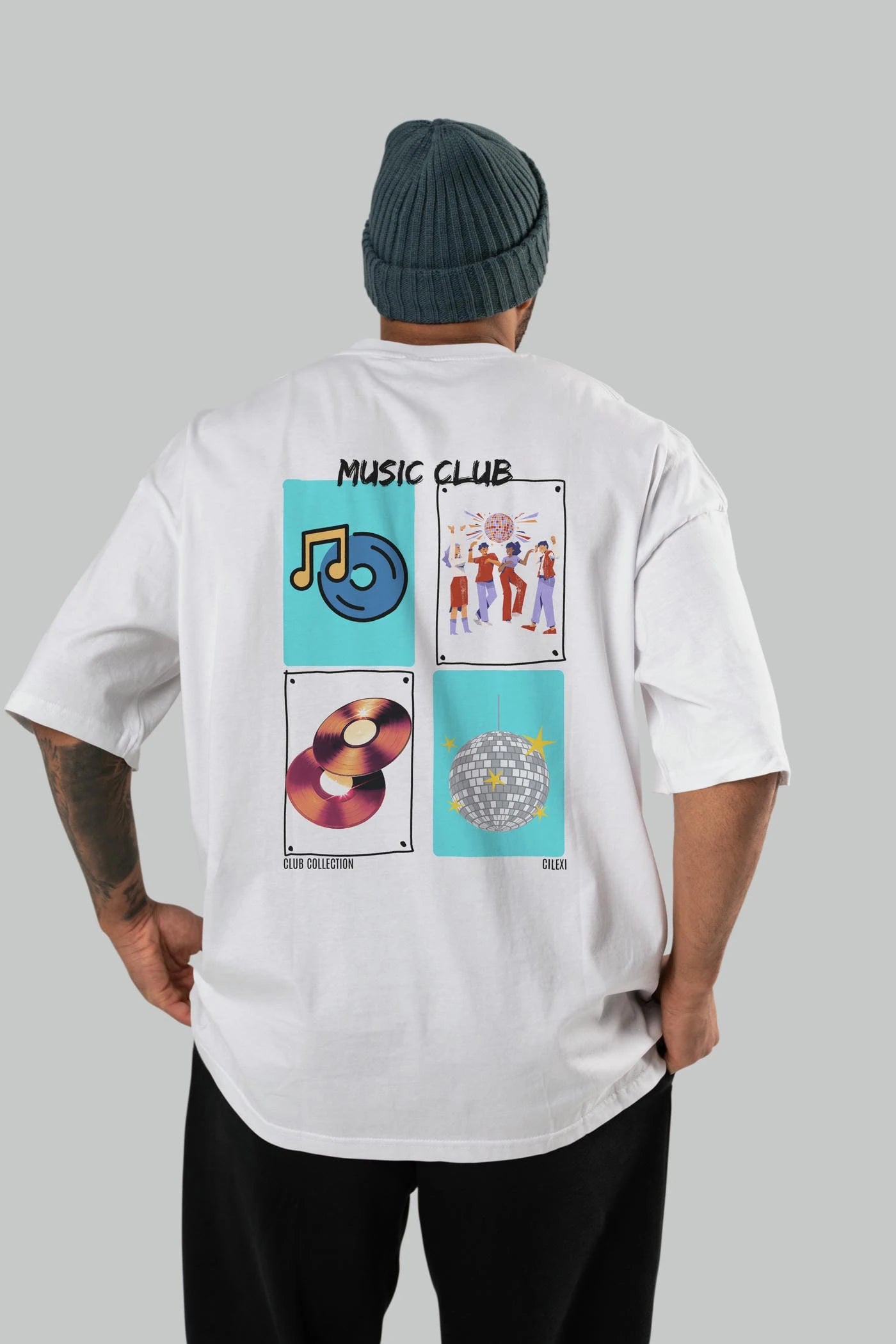 Music Club Arka Baskılı Oversize t-shirt Erkek Kadın %100 Pamuk Bisiklet Yaka tişort