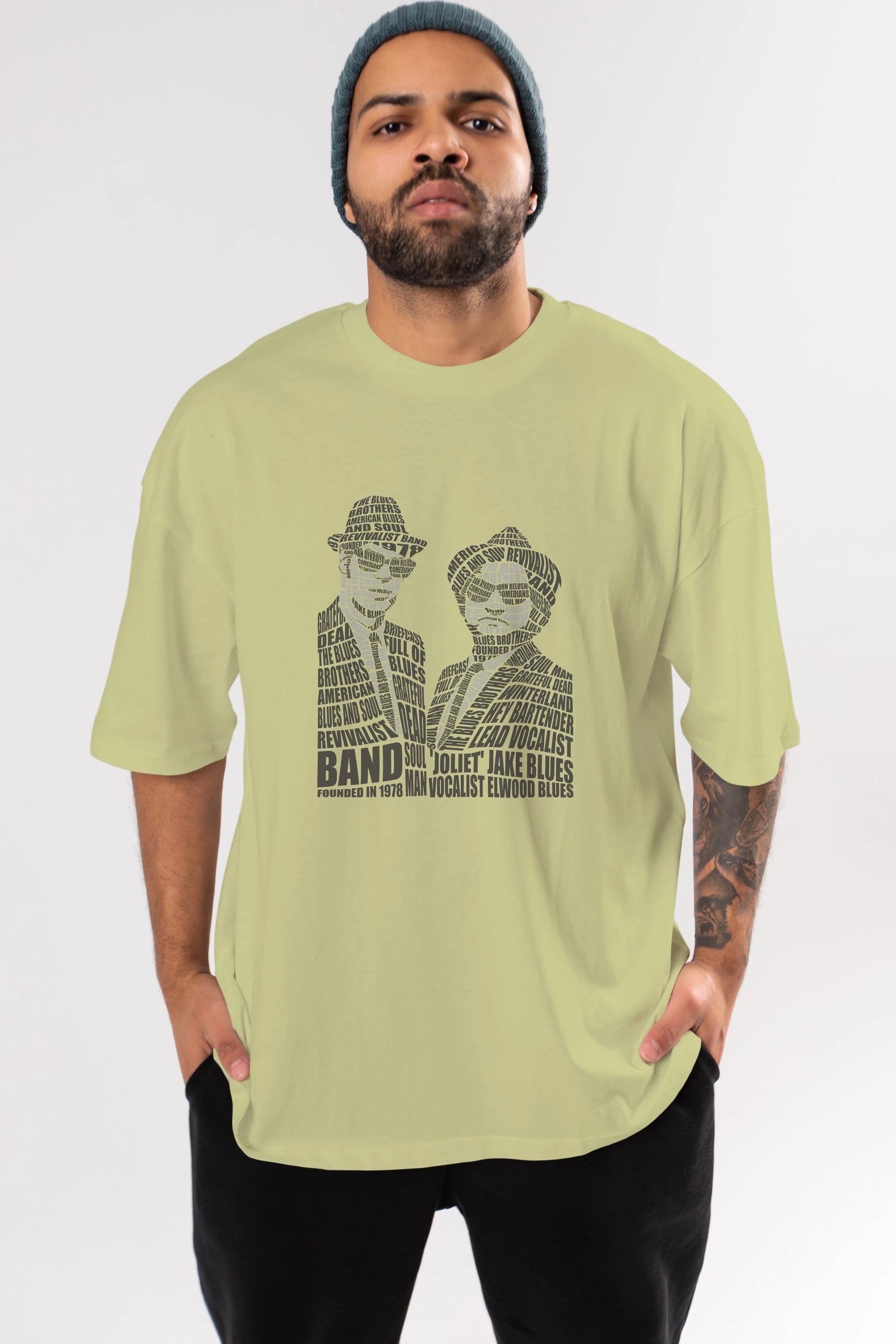 Blues Brothers Calligram Ön Baskılı Oversize t-shirt %100 pamuk Erkek Kadın Unisex