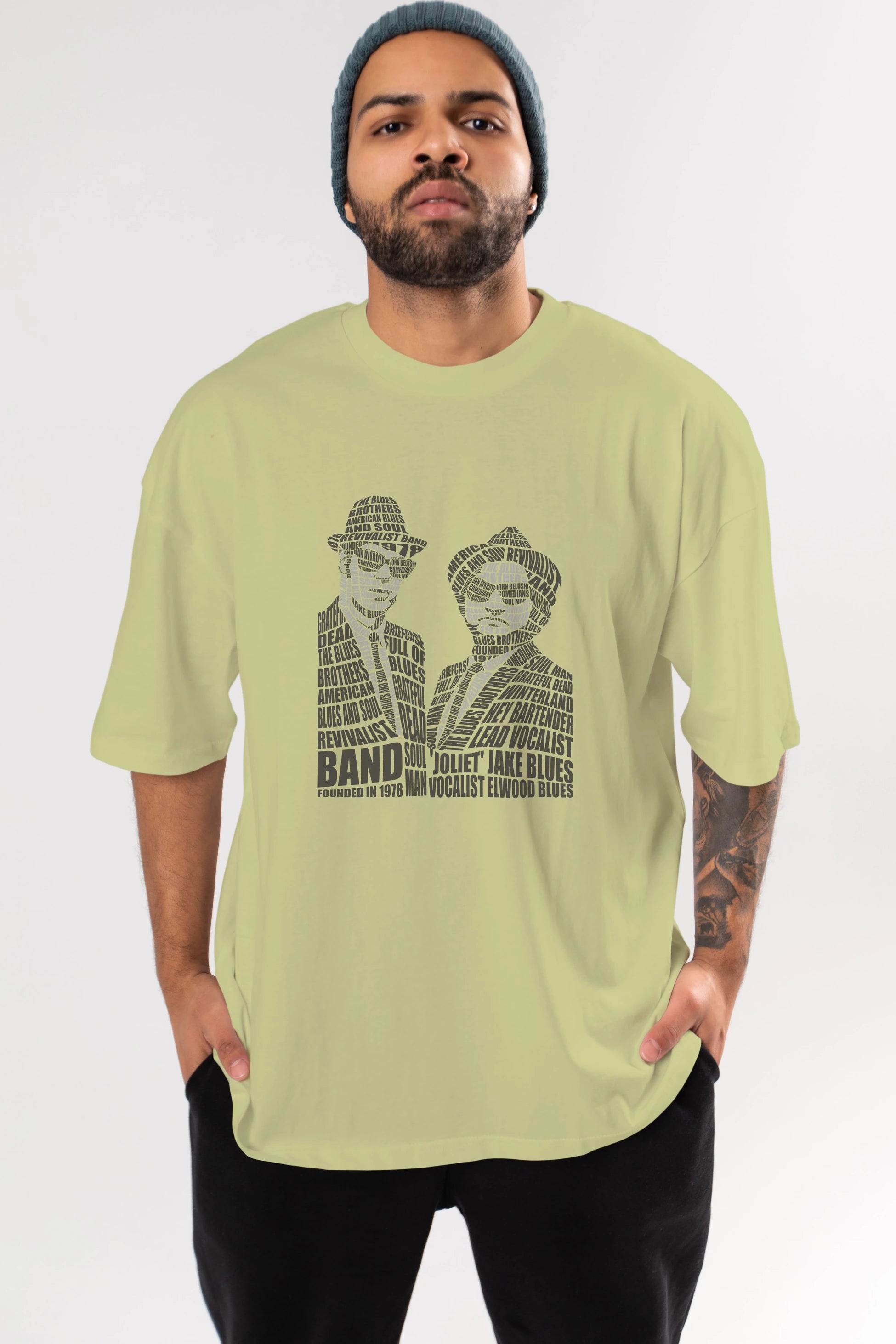 Blues Brothers Calligram Ön Baskılı Oversize t-shirt %100 pamuk Erkek Kadın Unisex