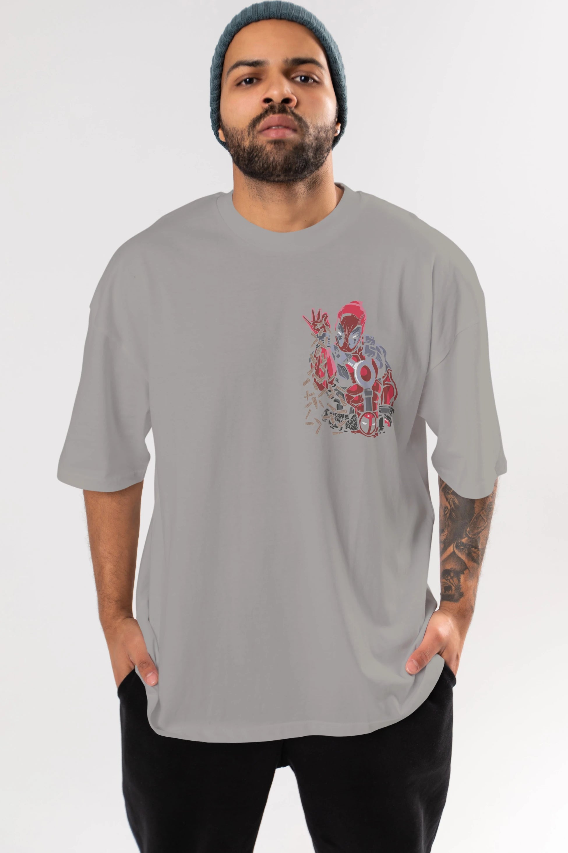 Deadpool (2) Ön Sol Baskılı Oversize t-shirt Erkek Kadın Unisex %100 Pamuk Bisiklet Yaka tişort