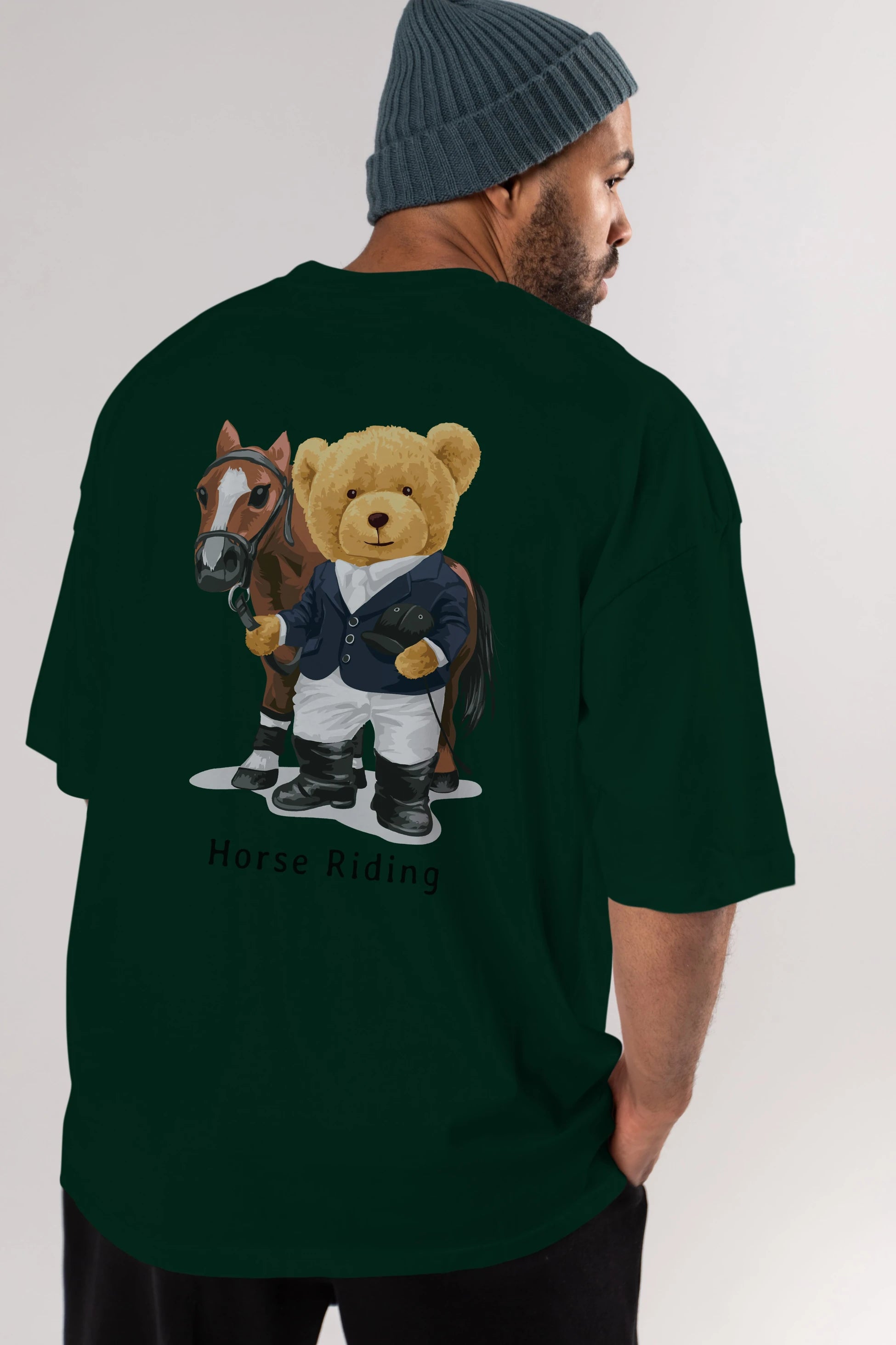 Teddy Bear Horse Riding Arka Baskılı Oversize t-shirt Erkek Kadın Unisex %100 Pamuk