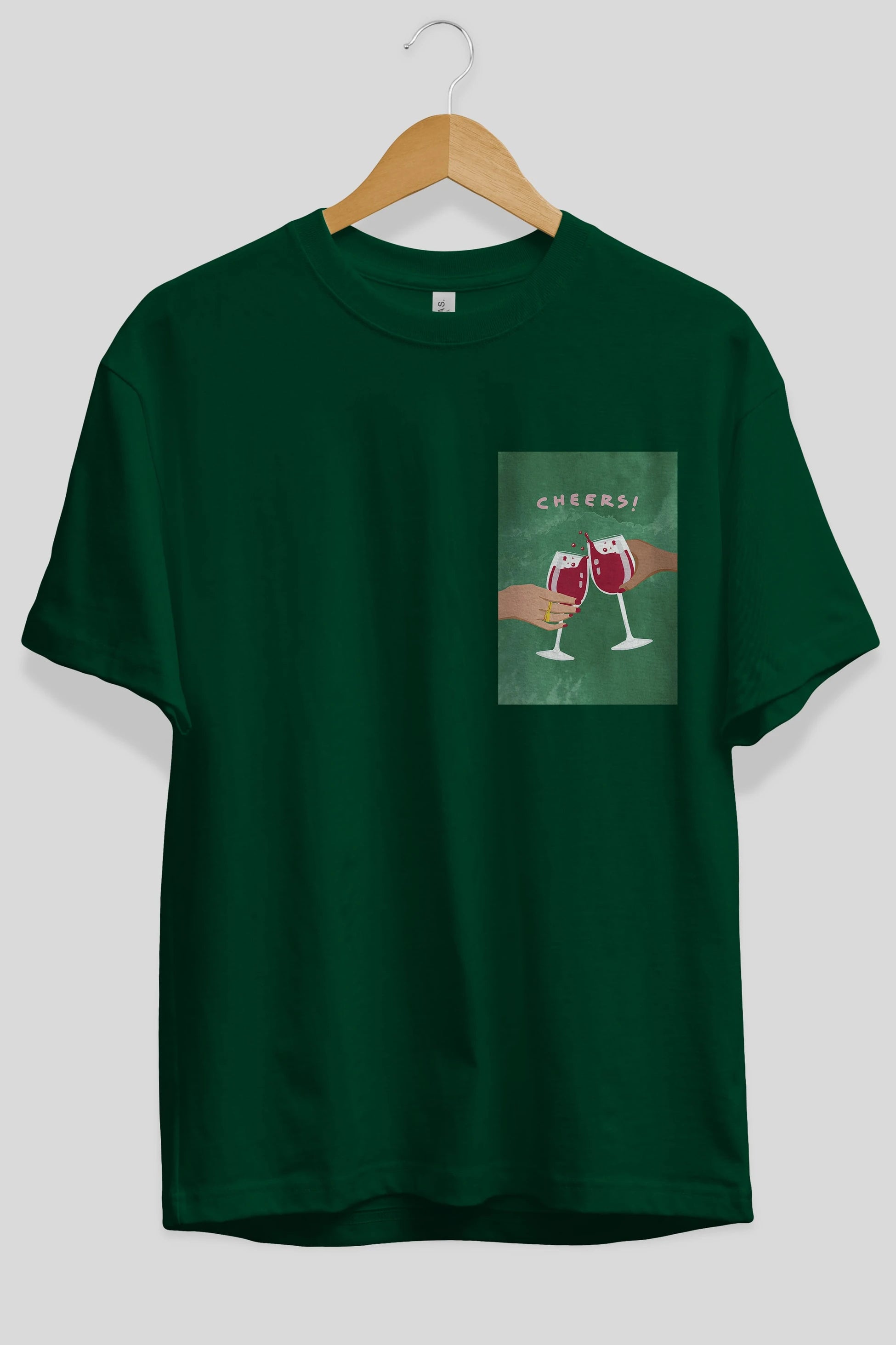 Cheers Ön Sol Baskılı Oversize t-shirt Erkek Kadın Unisex %100 Pamuk Bisiklet Yaka tişort