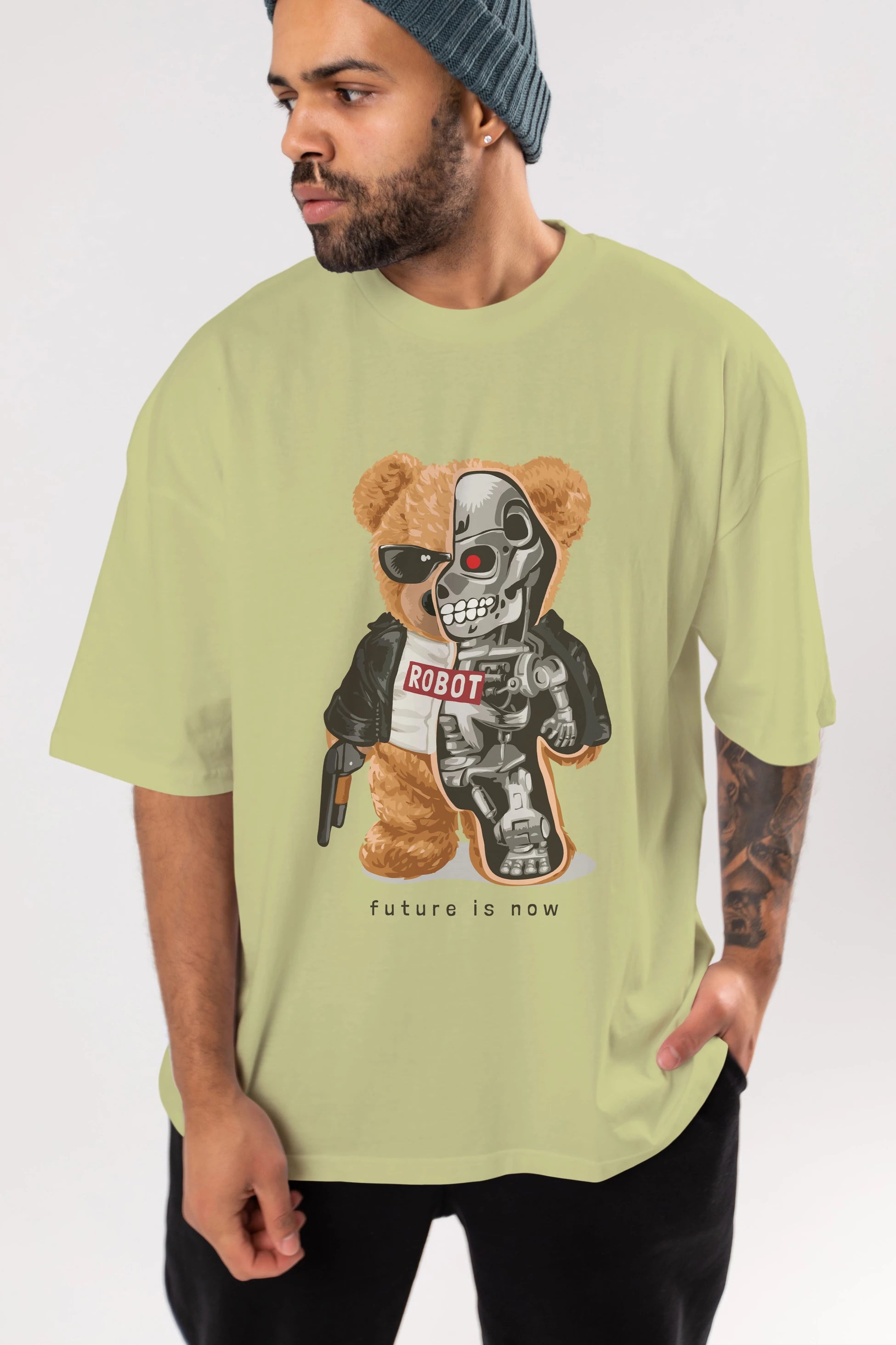 Teddy Bear Robot Ön Baskılı Oversize t-shirt Erkek Kadın Unisex %100 Pamuk